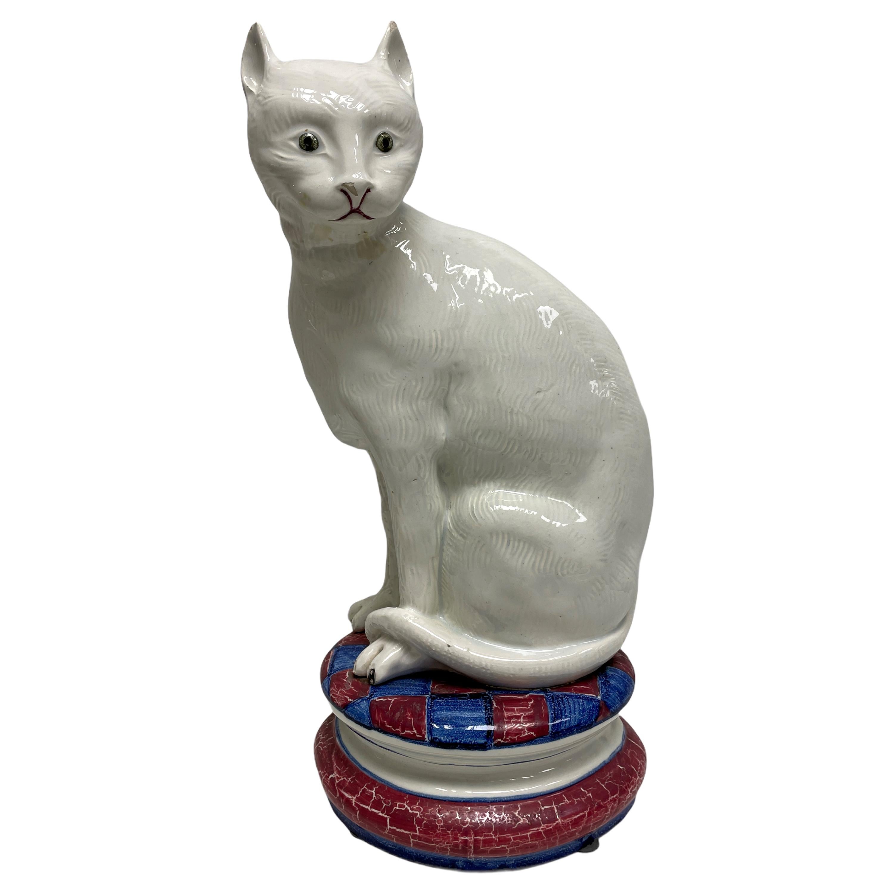 ‎Life-Size Italian Majolica Cat Statue Figurine Vintage, Italy, 1950s