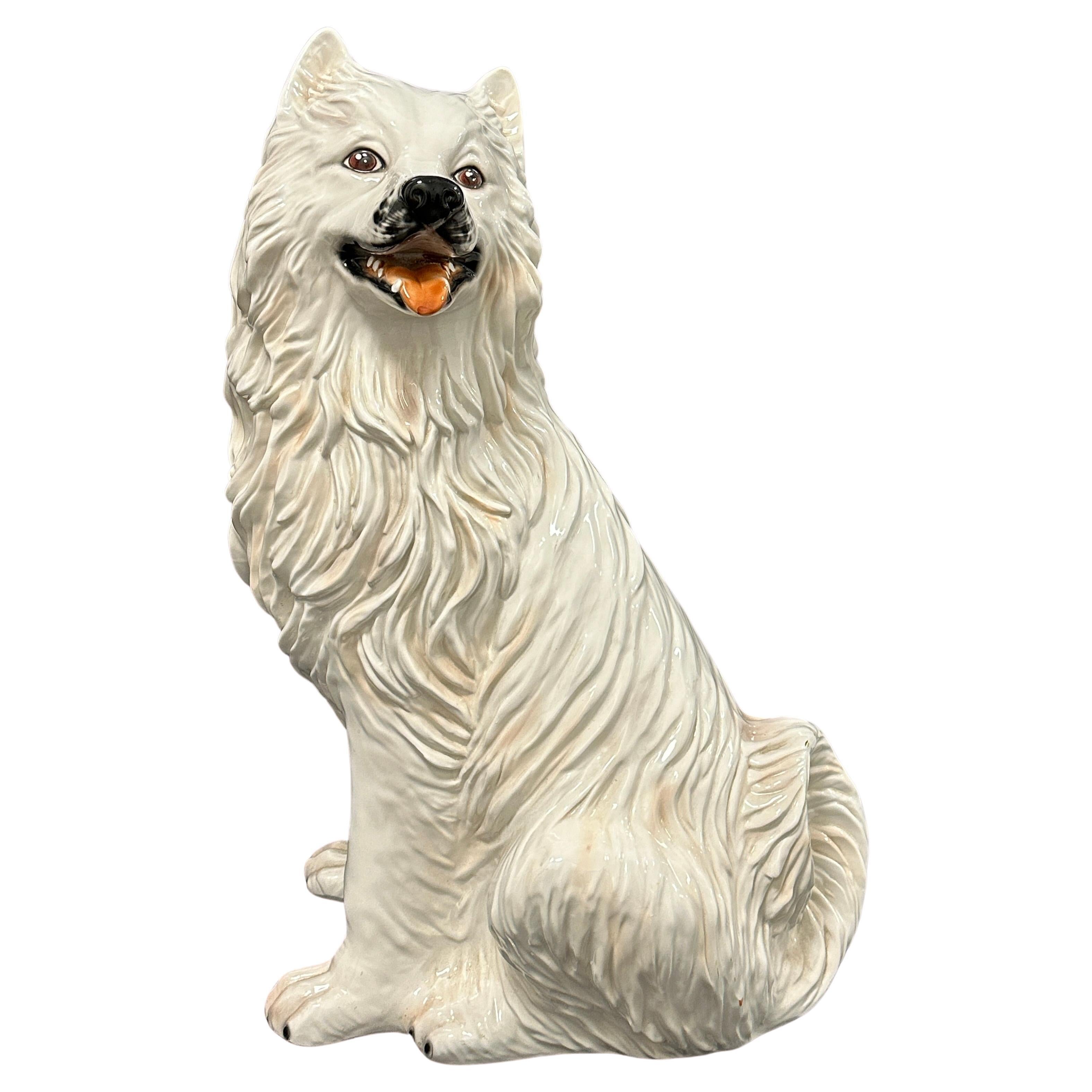 Chien assis italien grandeur nature Statue en céramique Majolique Figurine Vintage, 1980