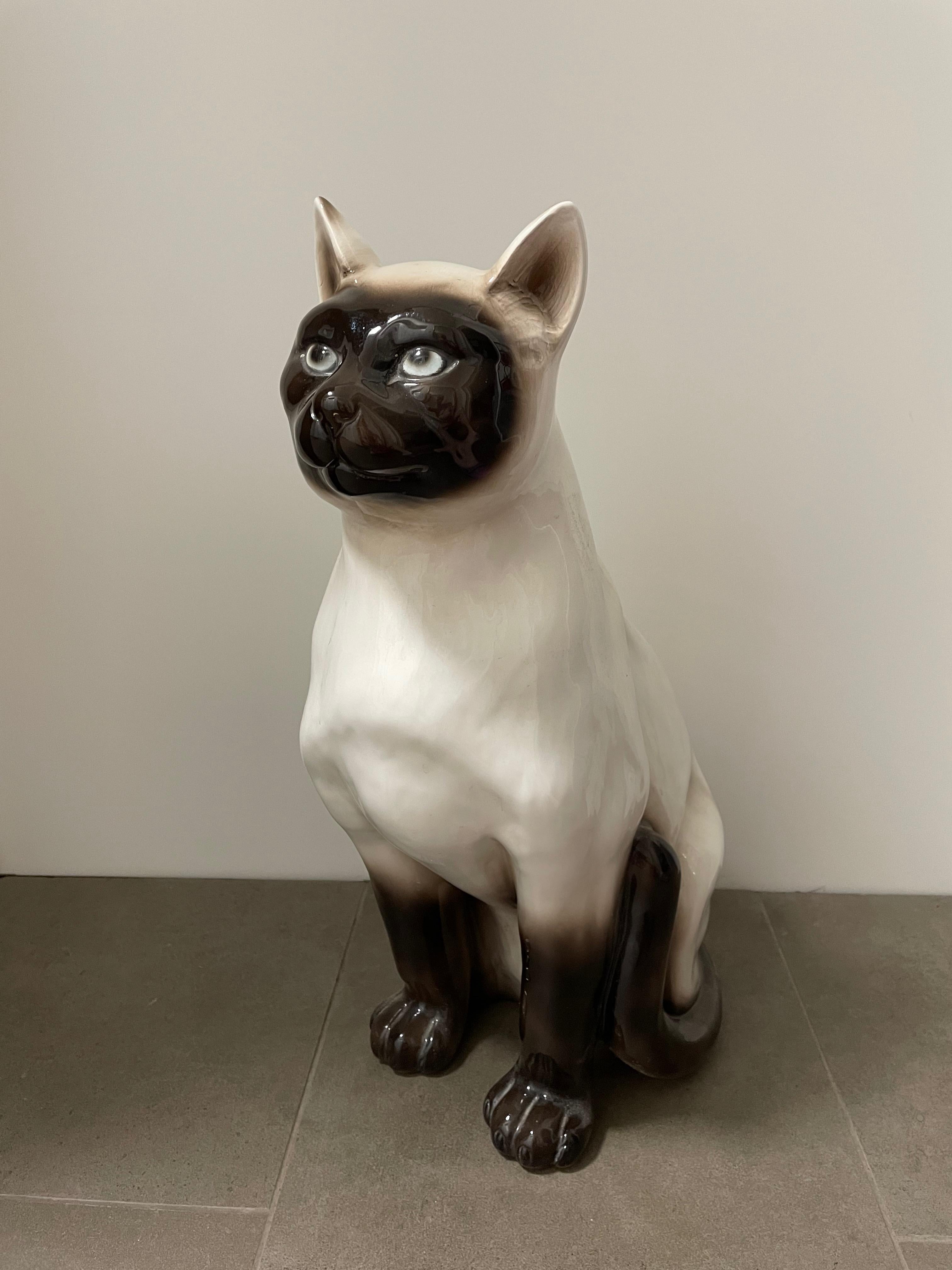 ‎Life-Size Italian Siam Cat Majolica Ceramic Statue Figurine Vintage, 1970s 4
