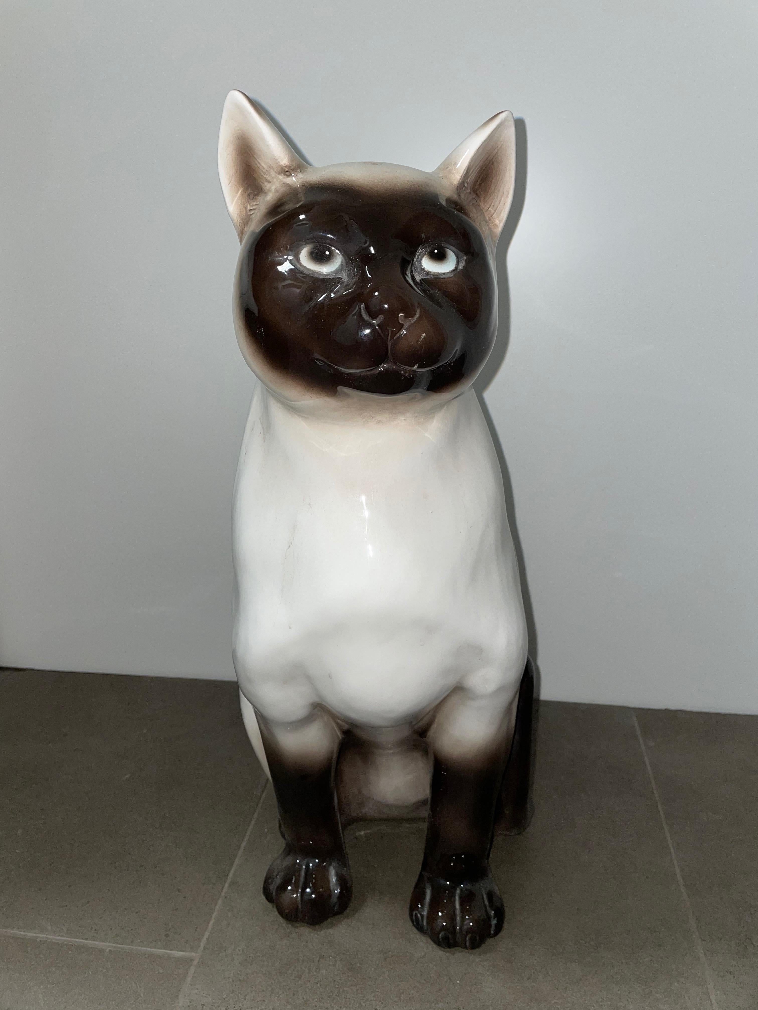 ‎Life-Size Italian Siam Cat Majolica Ceramic Statue Figurine Vintage, 1970s 6