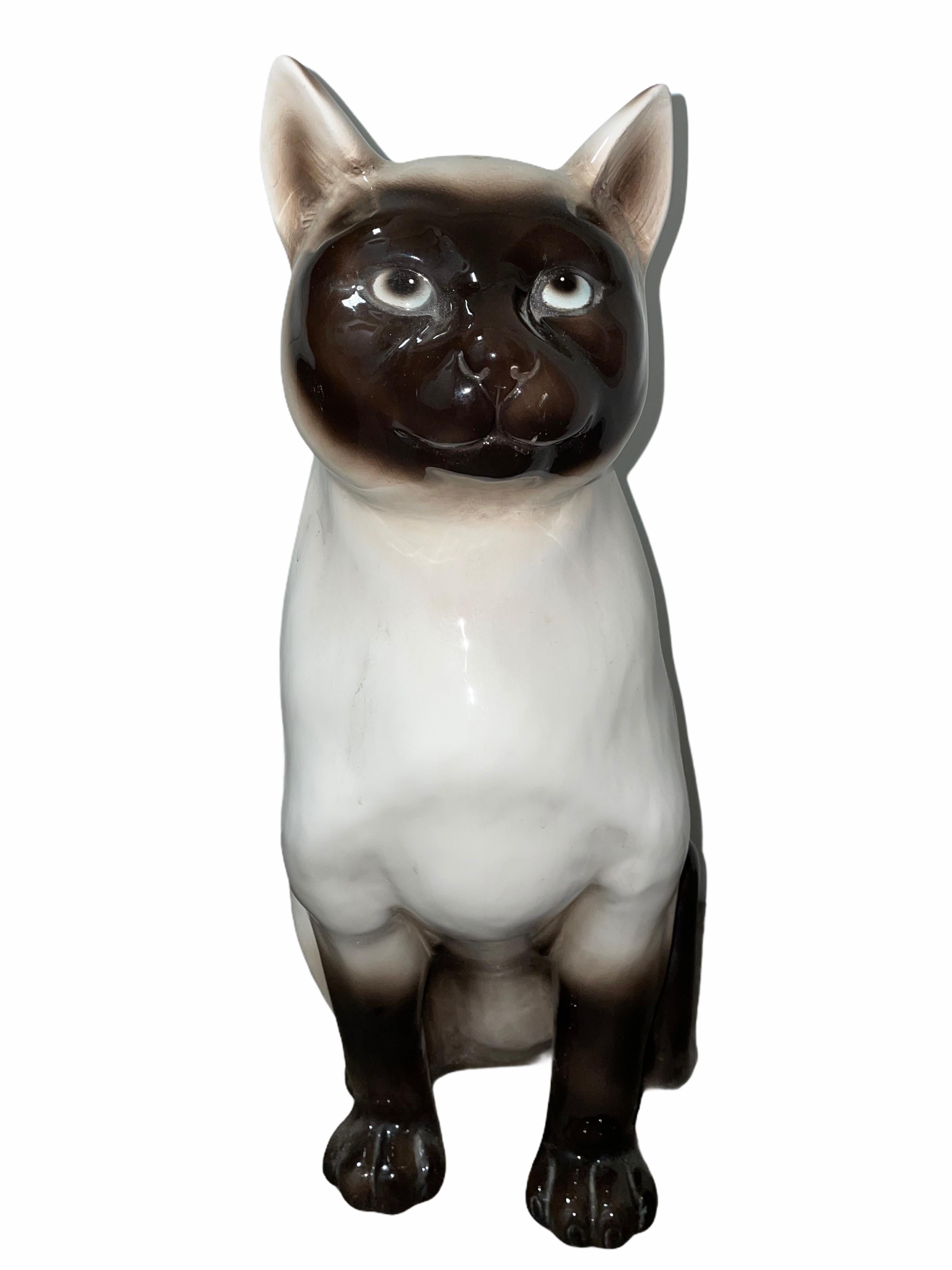 Hand-Crafted ‎Life-Size Italian Siam Cat Majolica Ceramic Statue Figurine Vintage, 1970s