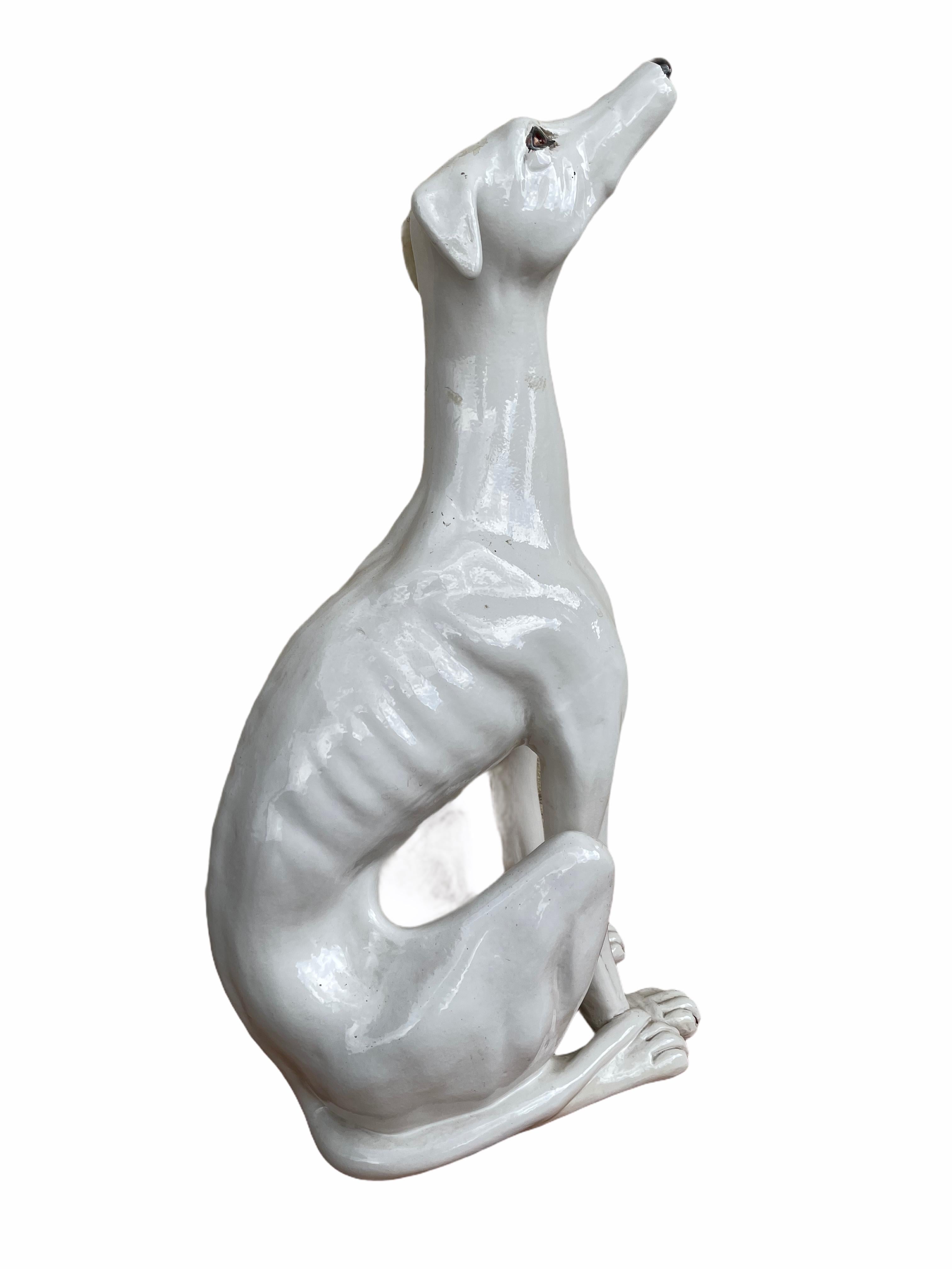 Fait main Statue de chien en majolique Whippet Greyhound italien grandeur nature Figurine Vintage, années 1930