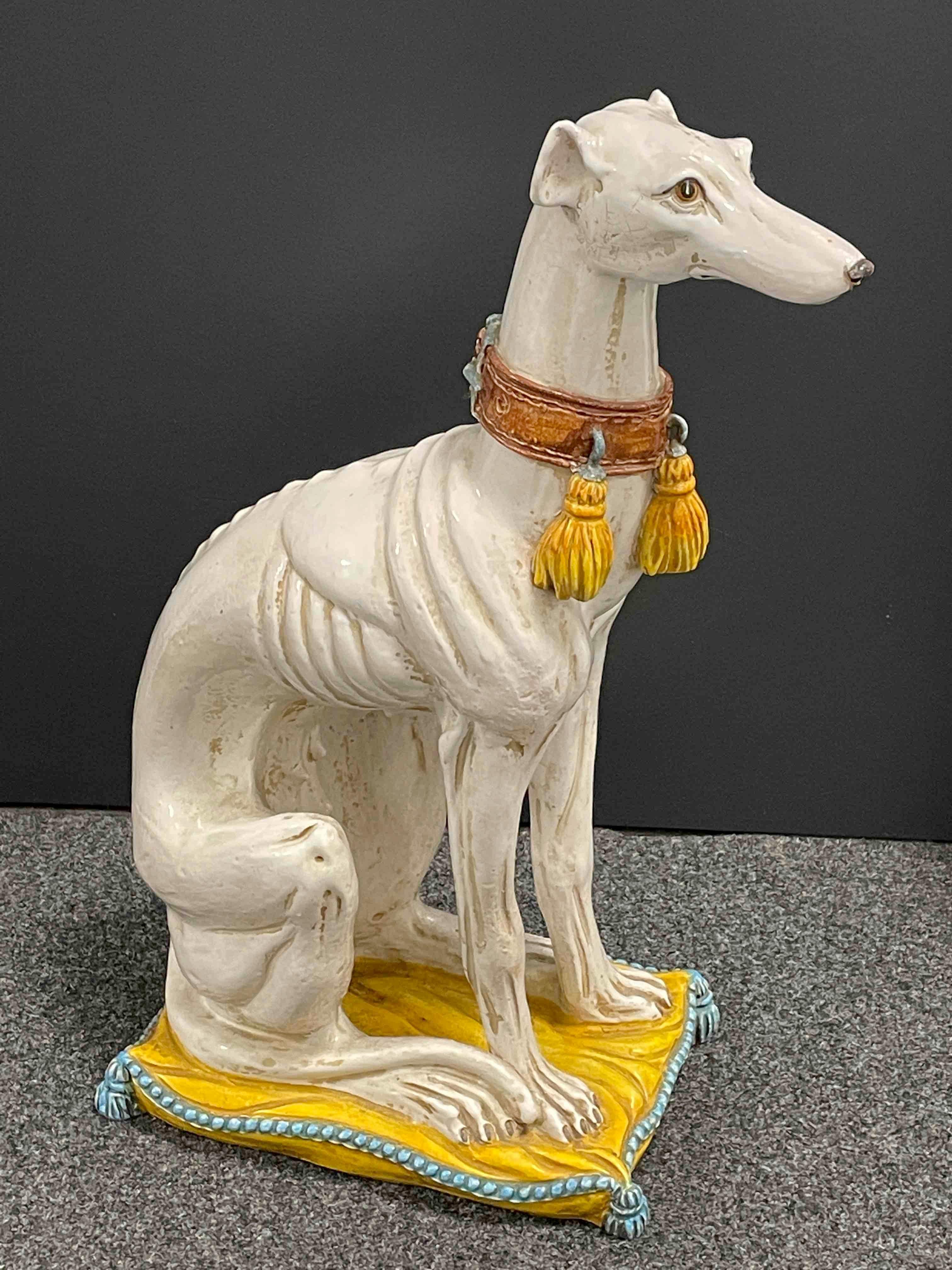Classic early 1960s Italian Greyhound Majolica dog statue figurine. Nice addition to your room or entry hall. Made of Majolica ceramic, hand painted.