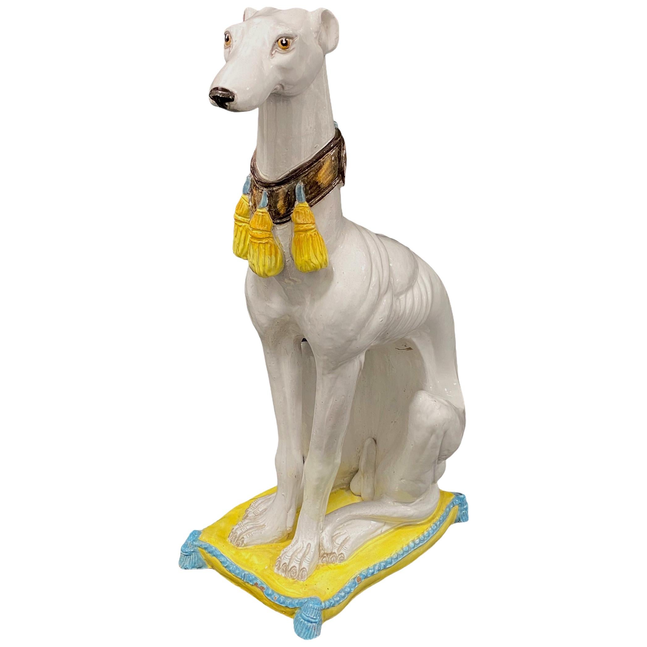 lévrier italien Whippet Majolica Statue de chien grandeur nature Figurine Vintage:: années 1960