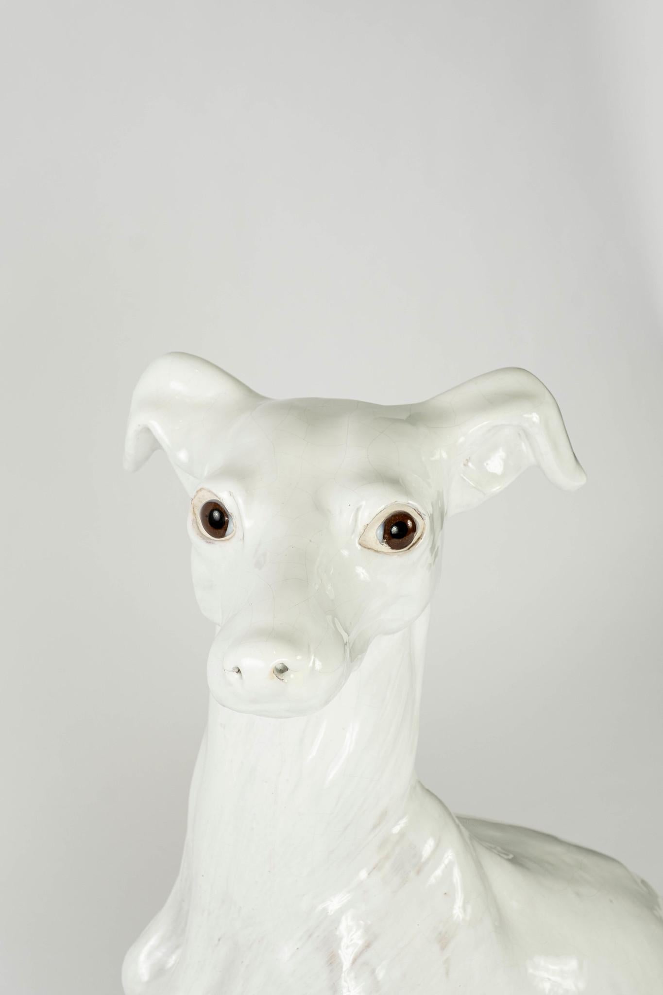 Life-Size Italian White Glazed Terracotta Whippet Greyhound In Good Condition For Sale In Houston, TX