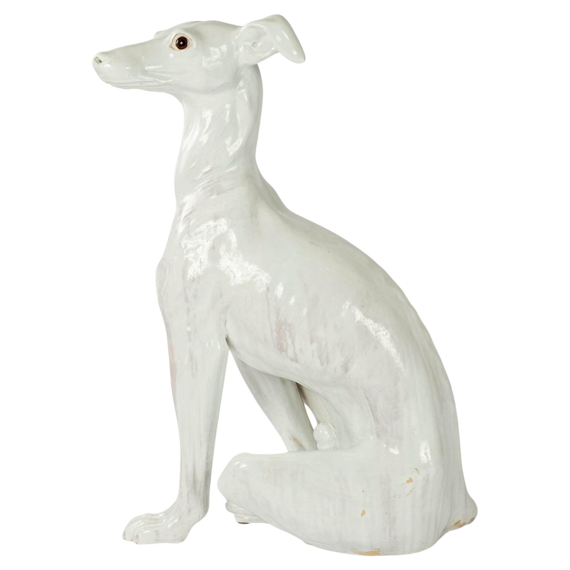 Life-Size Italian White Glazed Terracotta Whippet Greyhound For Sale