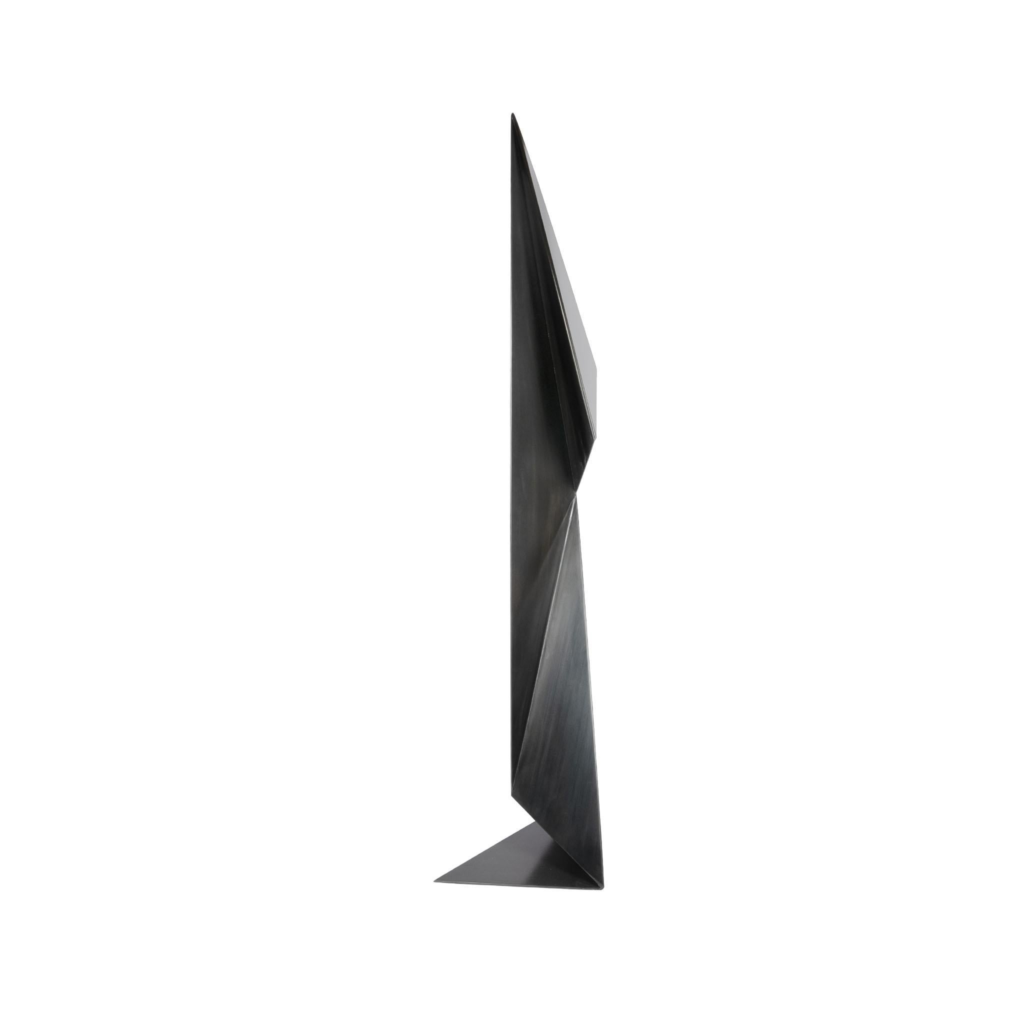 American Tall Abstract Origami Art Metal Sculpture Figure in a Hand Blackened Finish For Sale