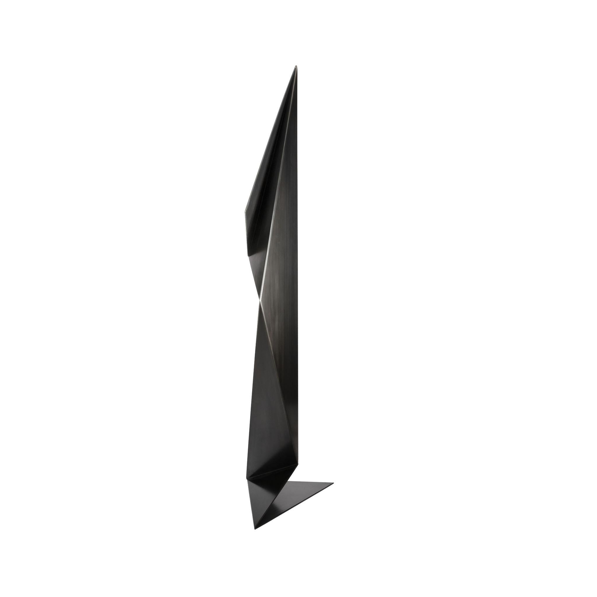 Steel Tall Abstract Origami Art Metal Sculpture Figure in a Hand Blackened Finish For Sale