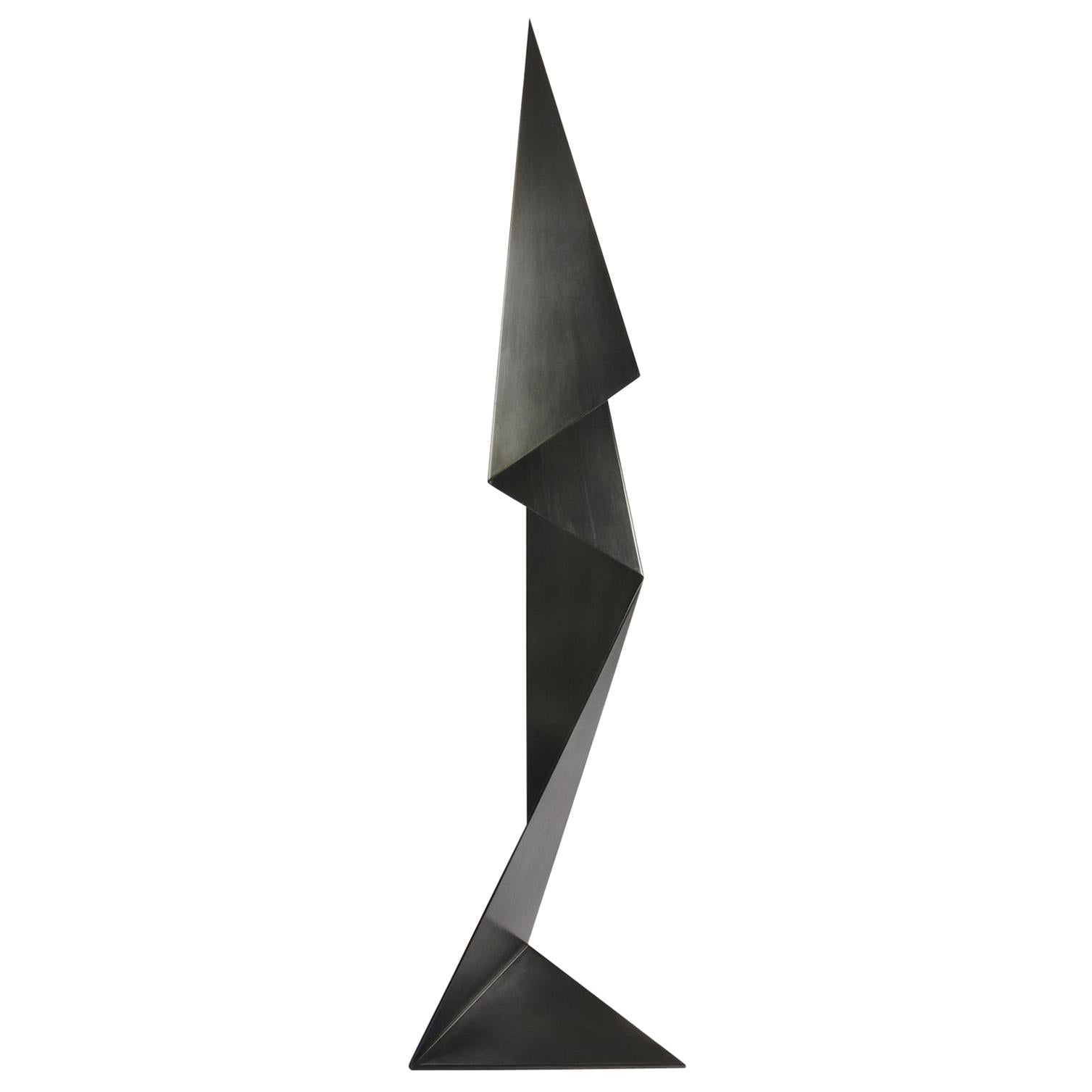 Tall Abstract Origami Art Metal Sculpture Figure in a Hand Blackened Finish For Sale