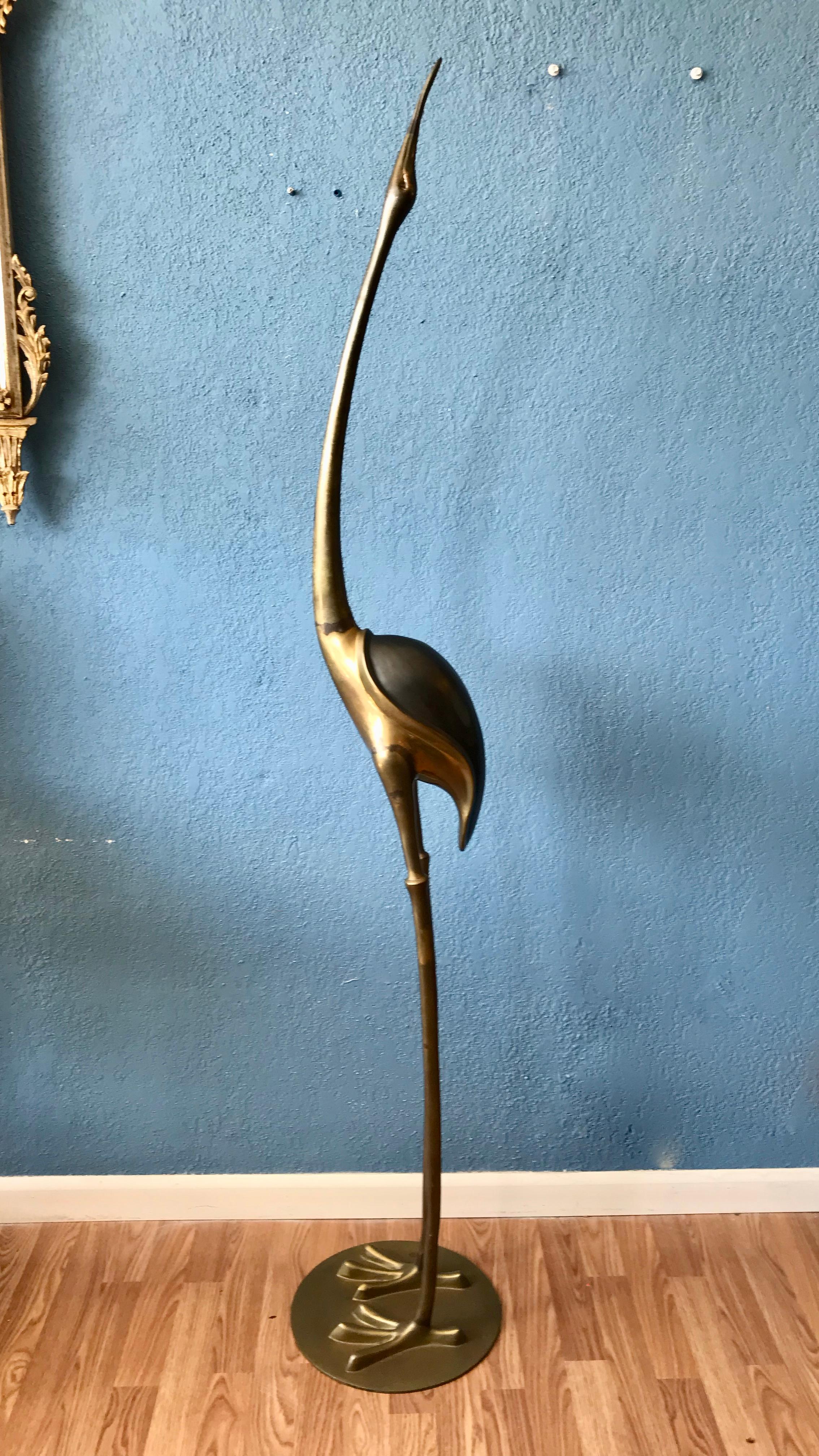 Asian Life Size Mid Century Brass Figure of a Crane
