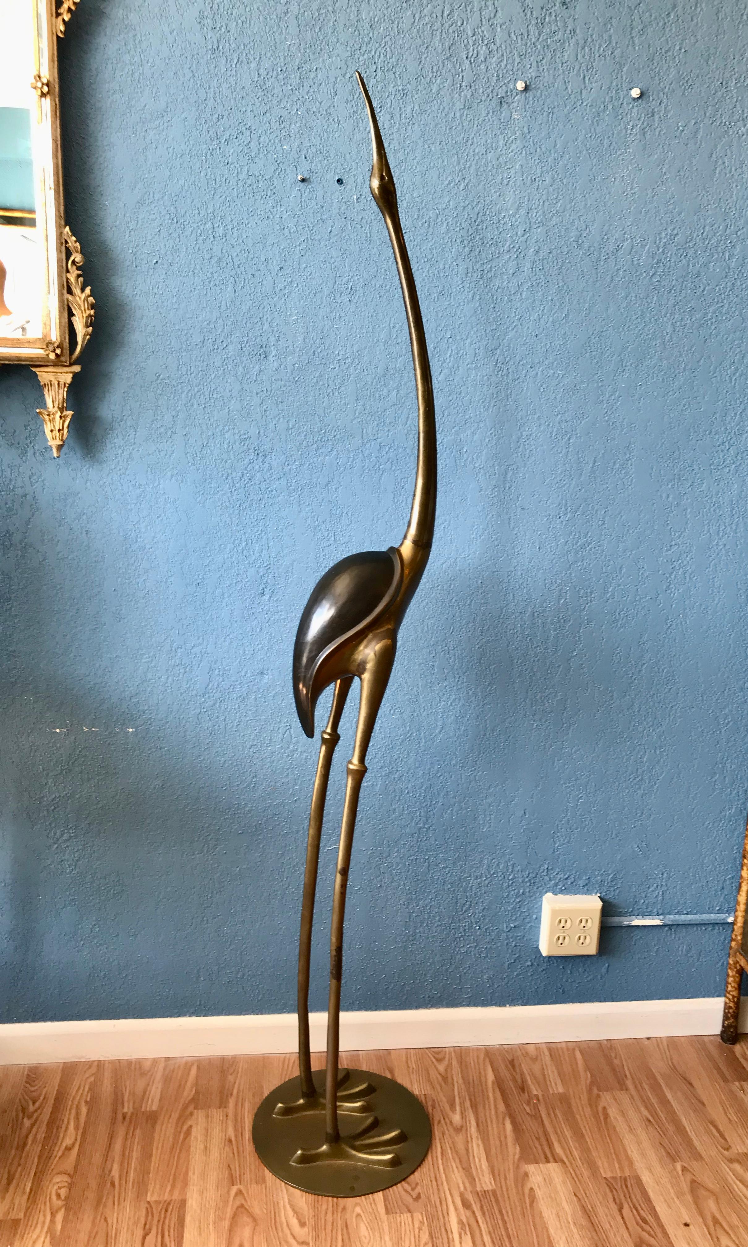 Life Size Mid Century Brass Figure of a Crane 1