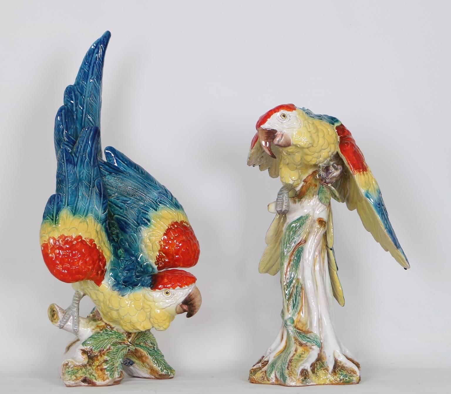 Painted Life-Size Midcentury Italian Majolica Parrots