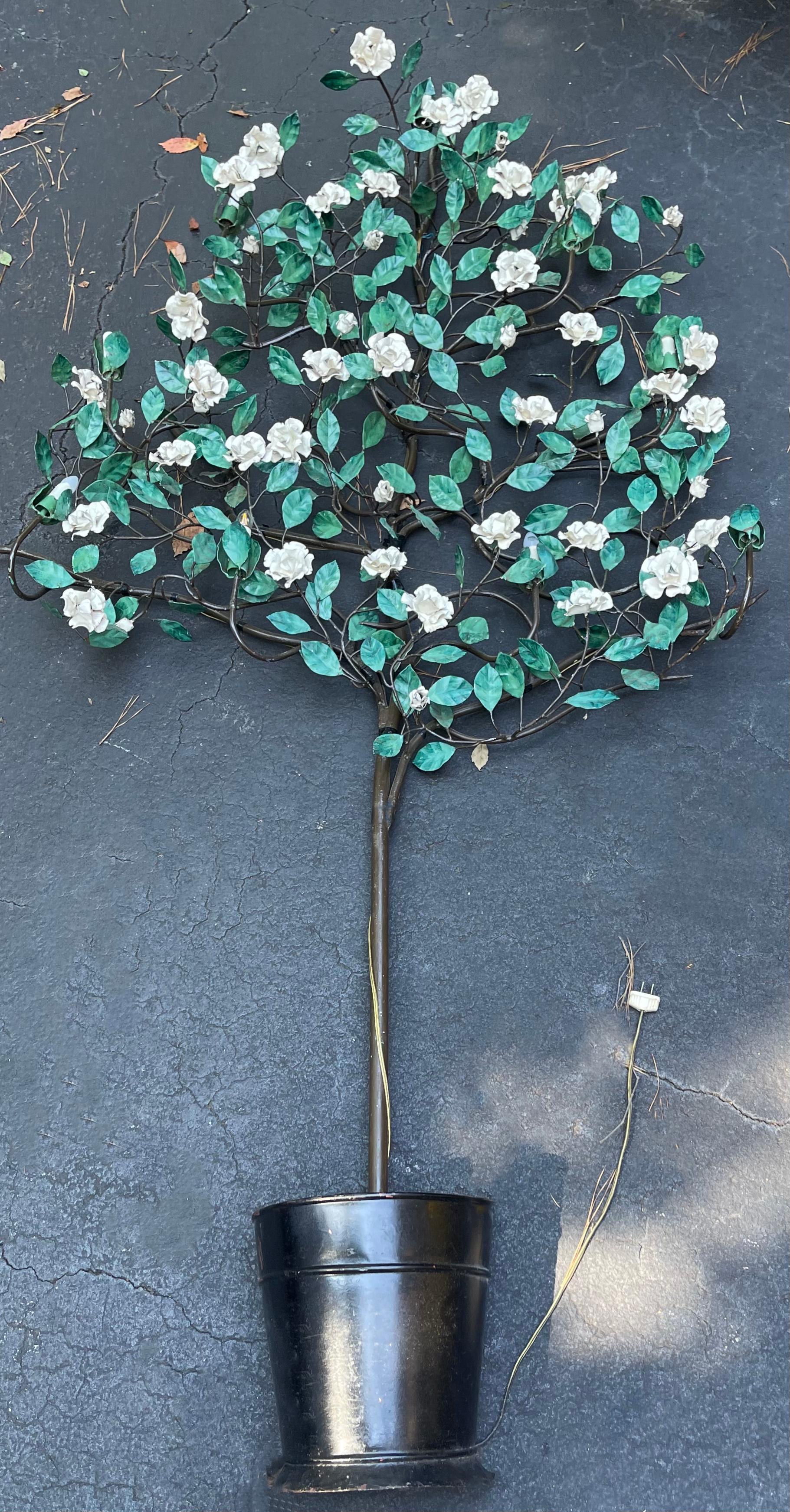 19th Century Life-Size Mid-Century Italian Tole Tree Wall Light With Porcelain Flowers