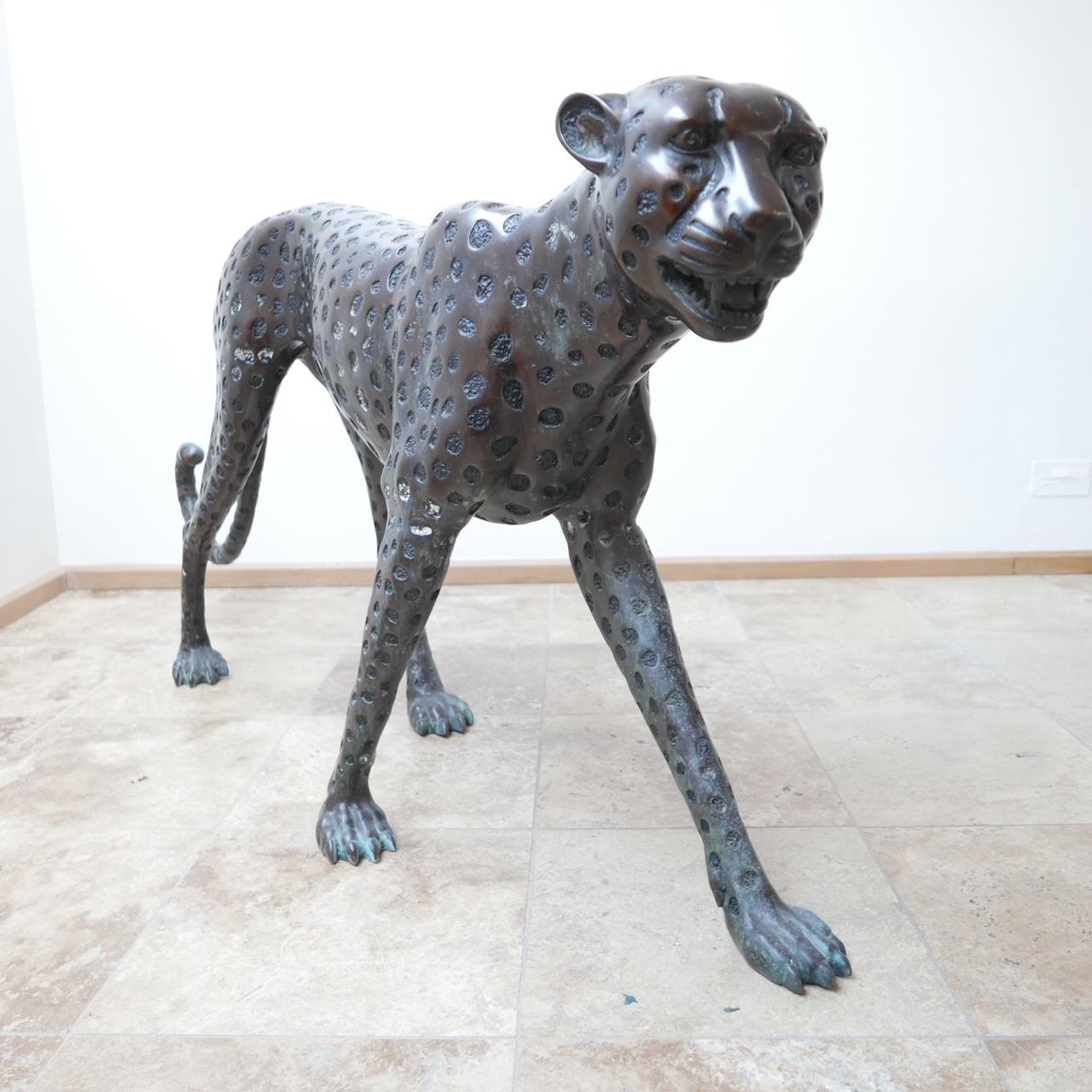 A life-size patinated bronze in the form of a cheetah. 

Midcentury.

Light natural patination to the feet and tail in the form of verdigris. 

Originally from a grand house in Belgium.

Condition: Generally very good,