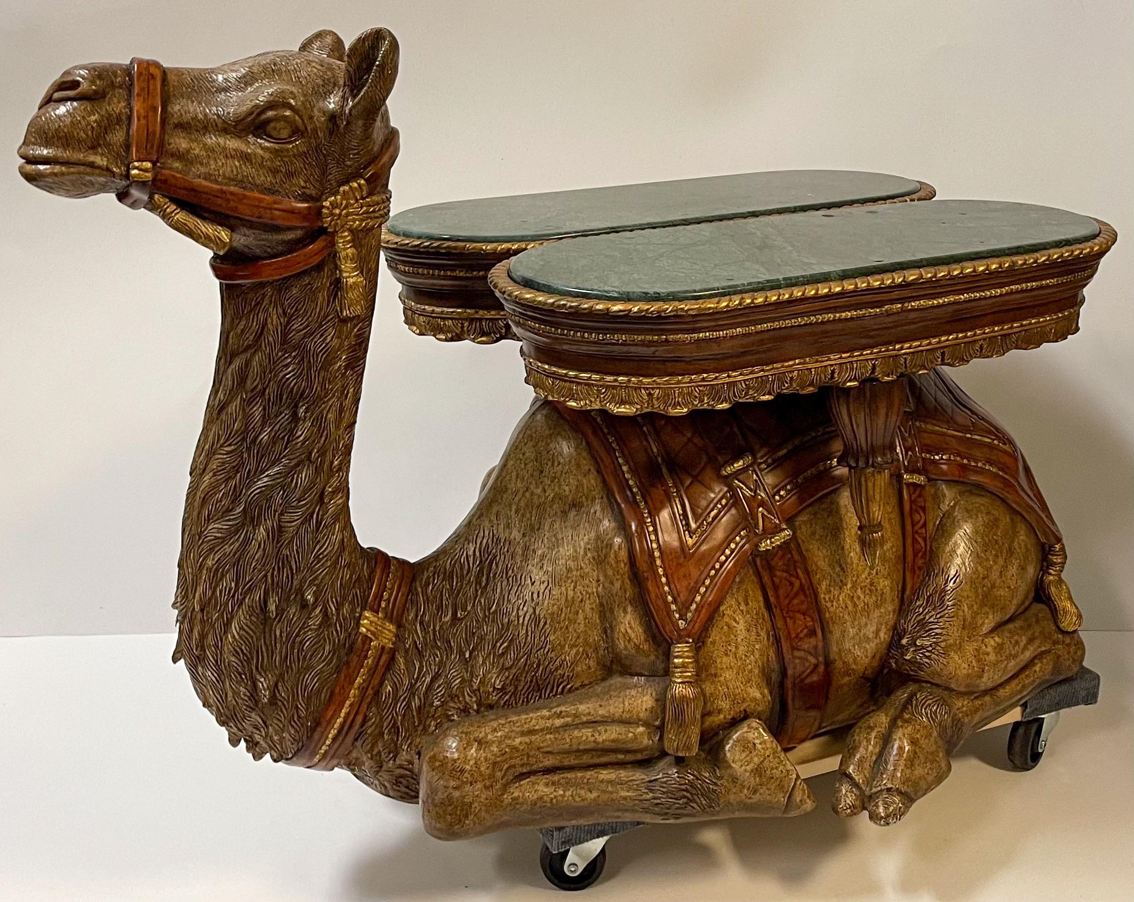 This is so fun! This is a monumental camel form side table with dual marble tops. The marble is green with subtle veining. He is cast resin and in very good condition!