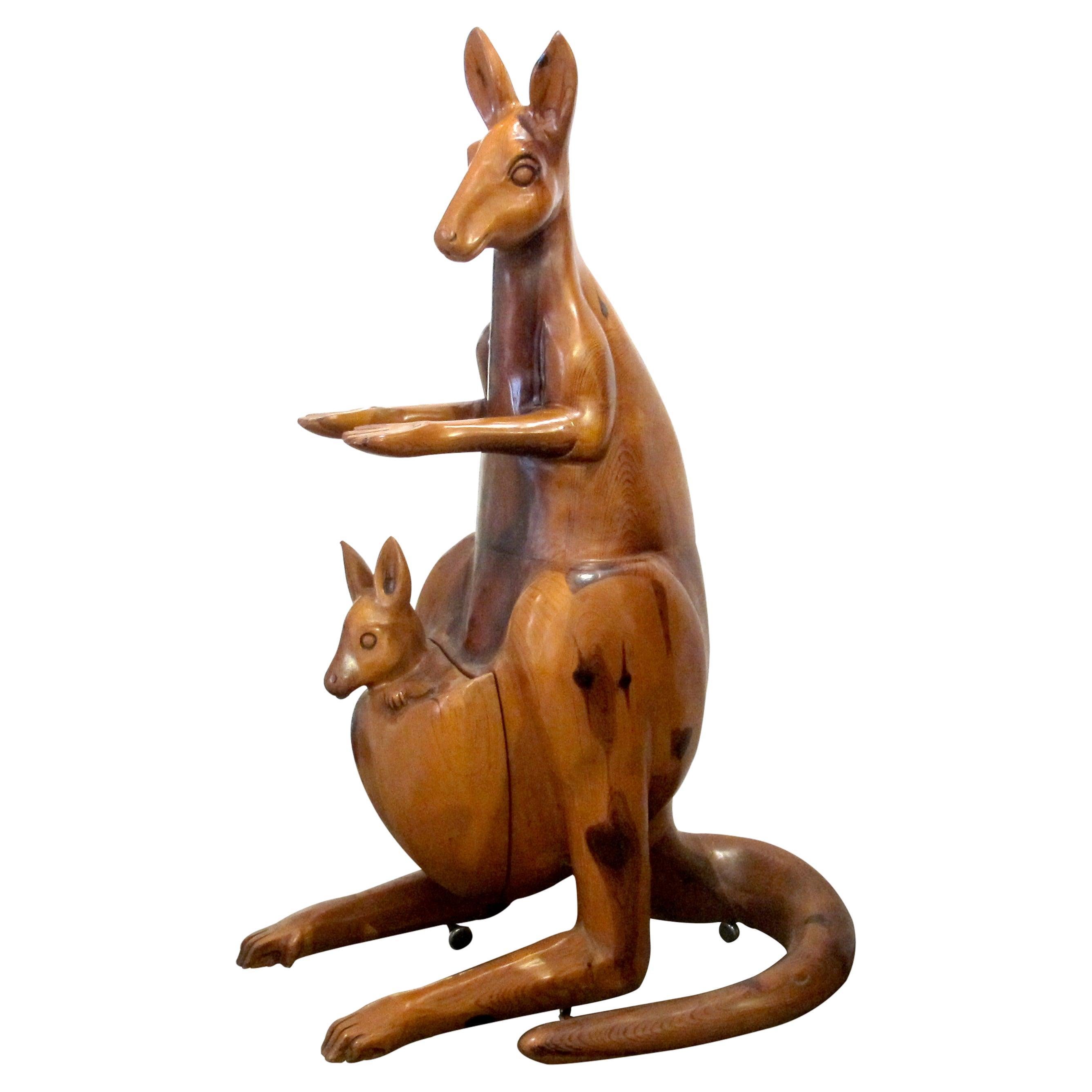 Life-Size Oak Kangaroo Sculpture on Wheels, Spain, 1960s