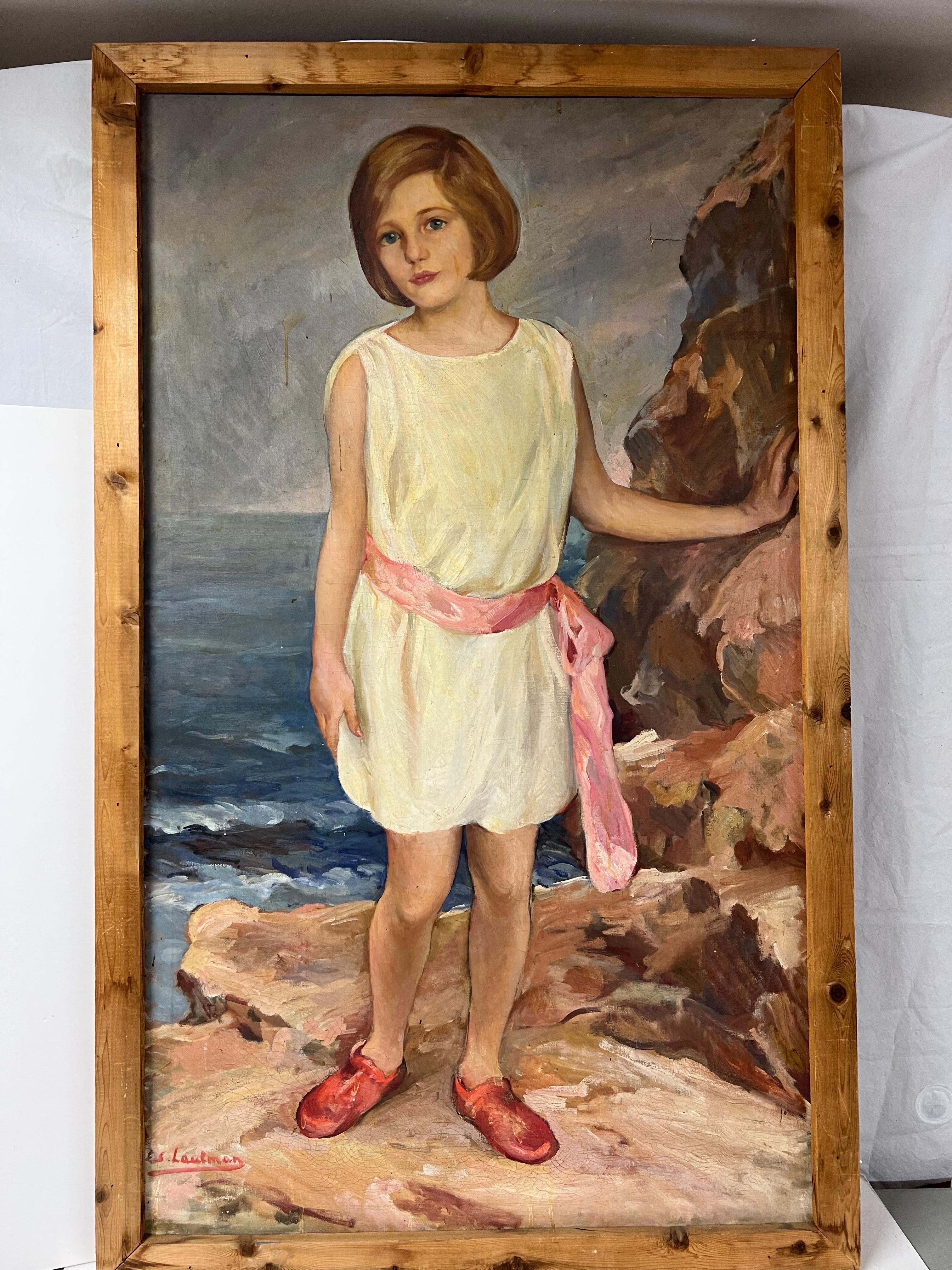 Life-size Painting of Girl by the Sea. Signed illegibly by E.S Laufman?
Beautiful composition of a young girl standiong oceanside. Romantically captured with her soft pink lips andmatching sash as she leans on the waters edge boulders. Innocence and