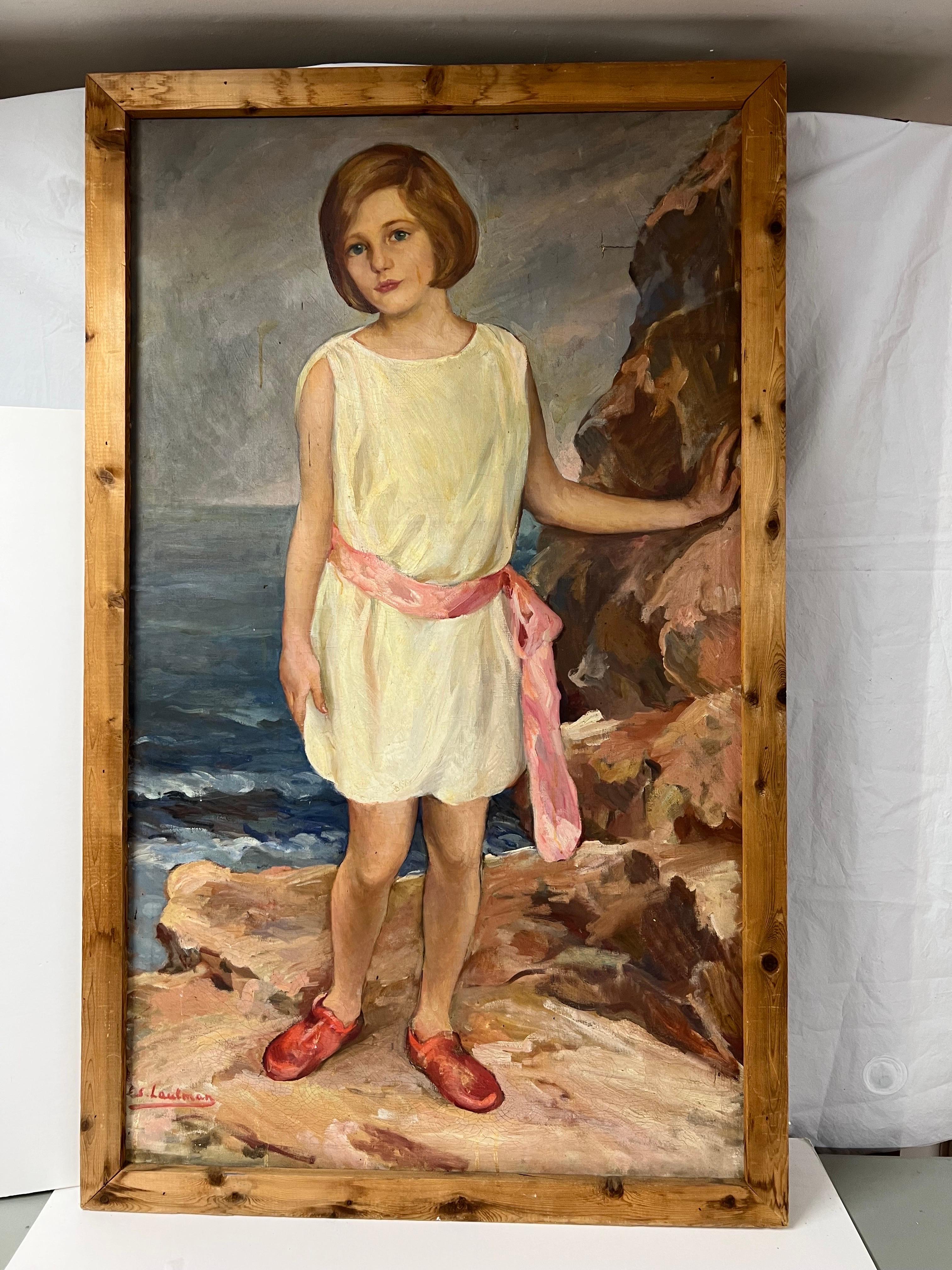 Peinture grandeur nature d'une fille au bord de la mer Bon état - En vente à Redding, CT
