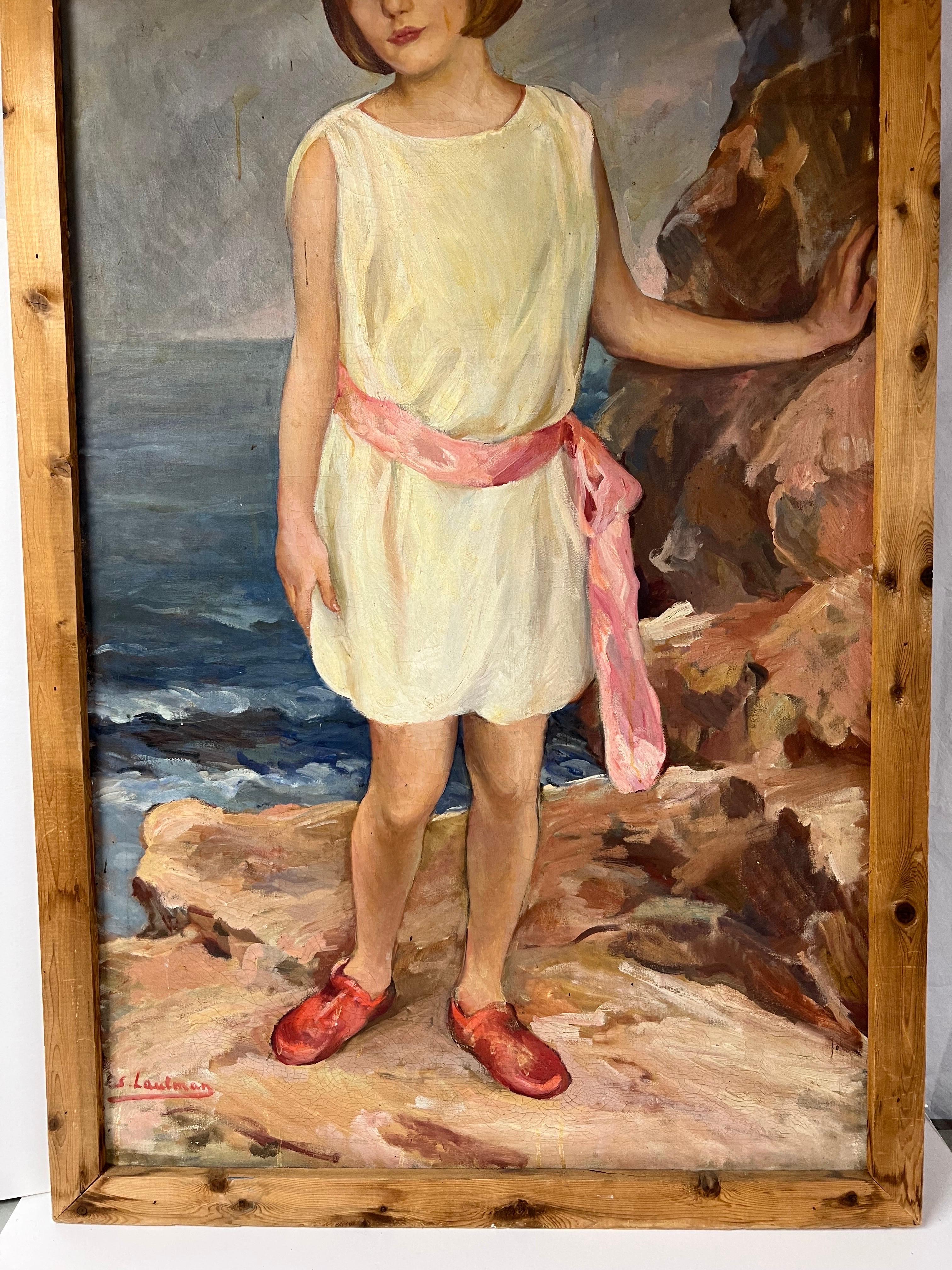 20ième siècle Peinture grandeur nature d'une fille au bord de la mer en vente