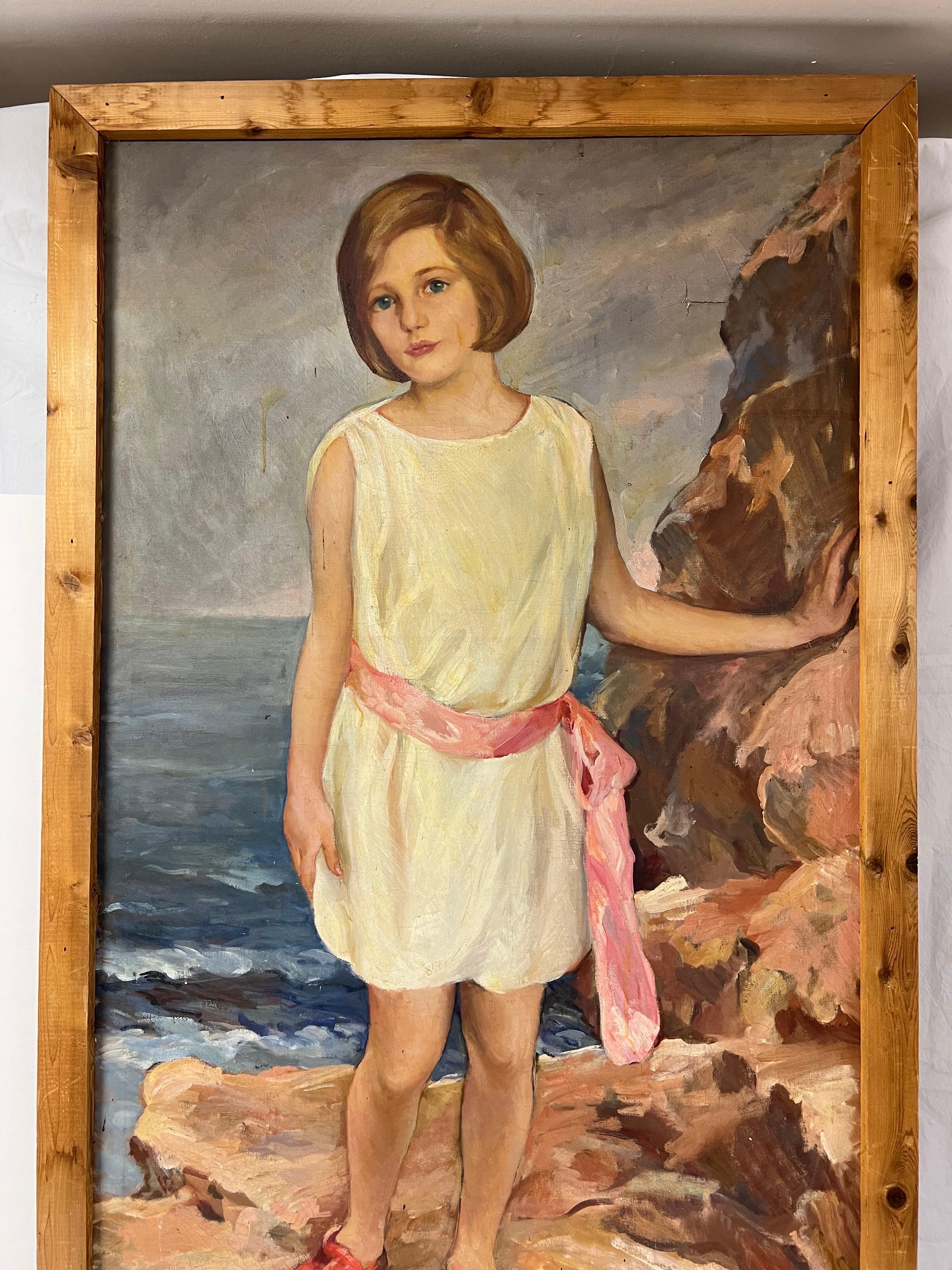 Toile Peinture grandeur nature d'une fille au bord de la mer en vente