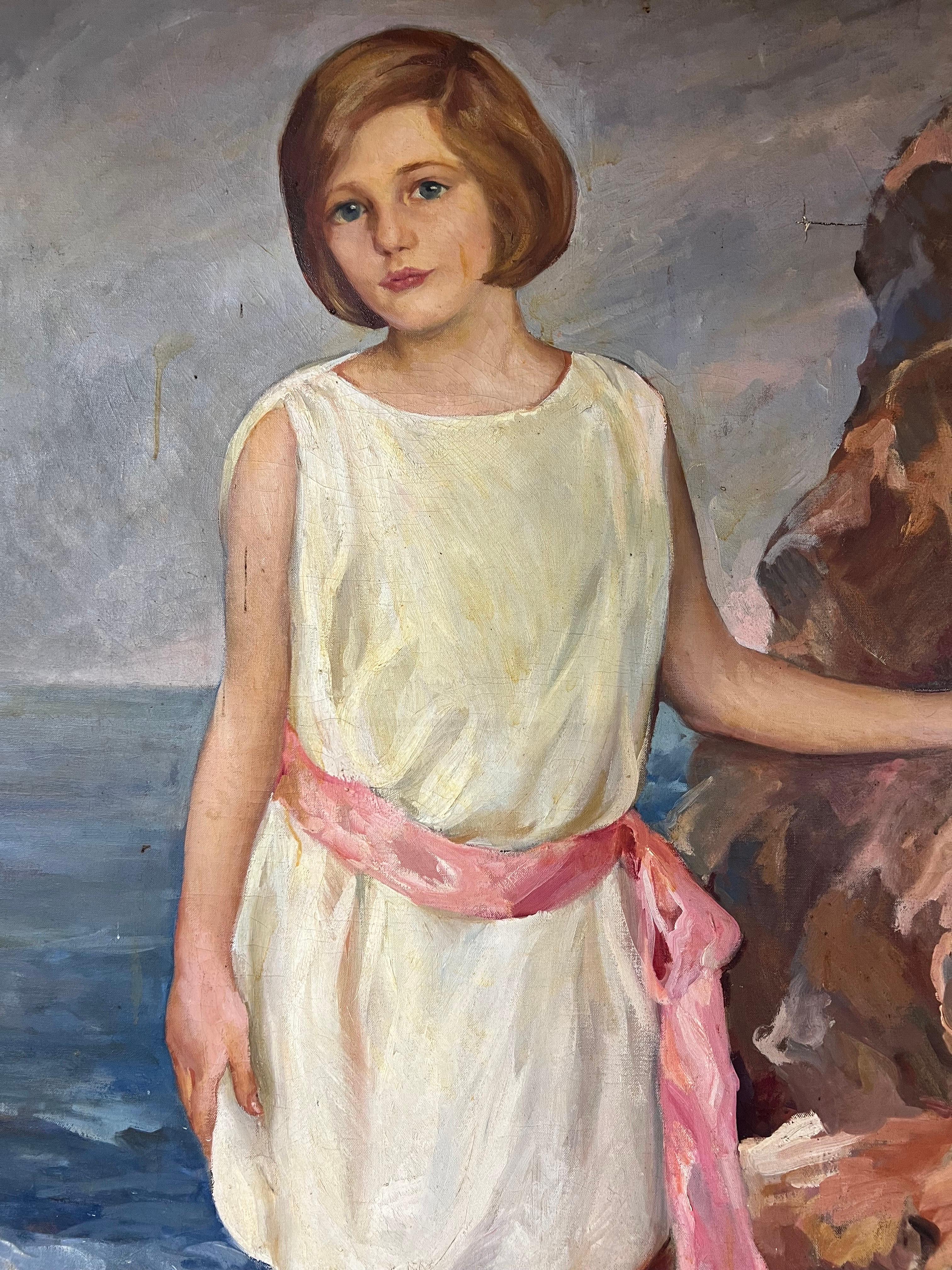 Peinture grandeur nature d'une fille au bord de la mer en vente 1