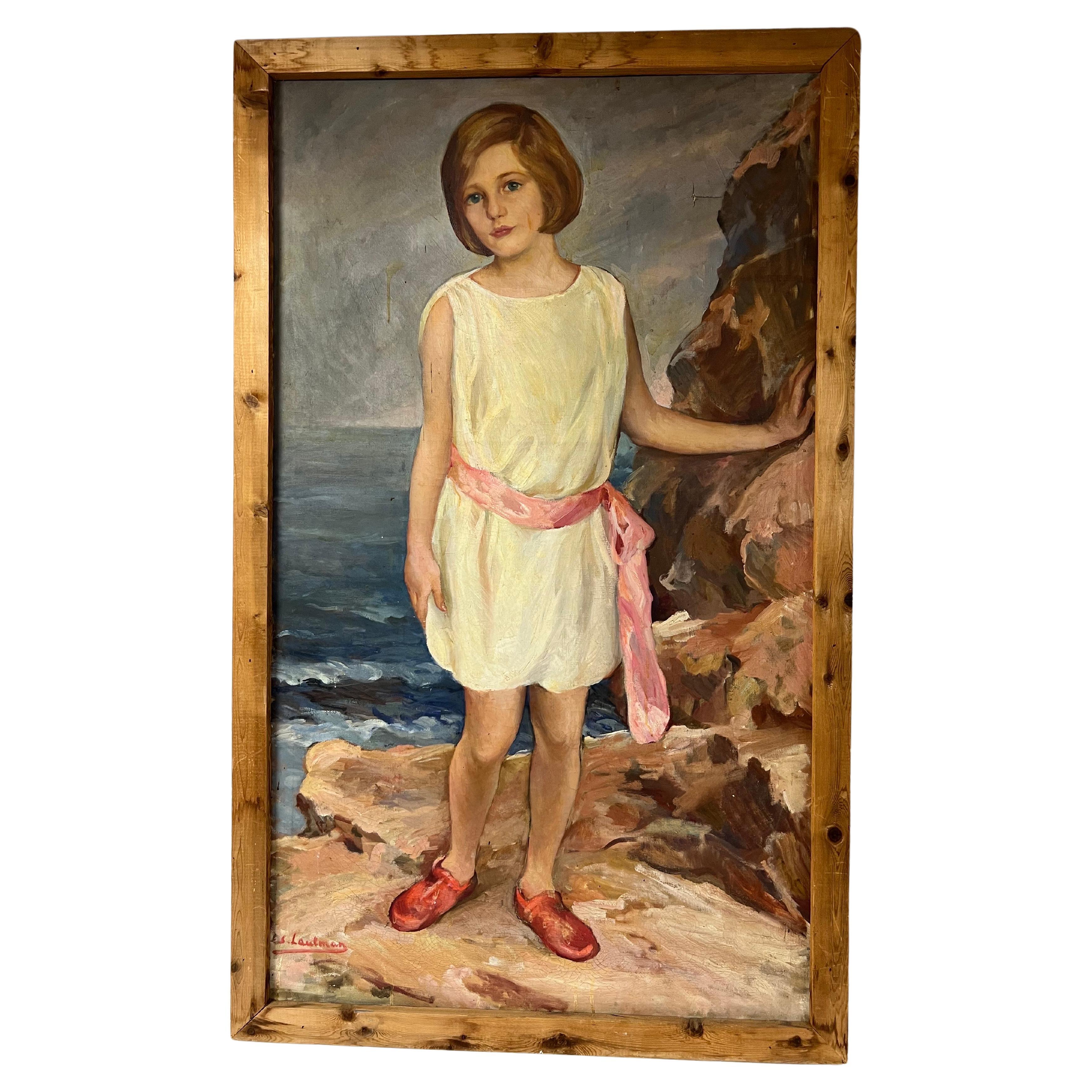 Peinture grandeur nature d'une fille au bord de la mer en vente
