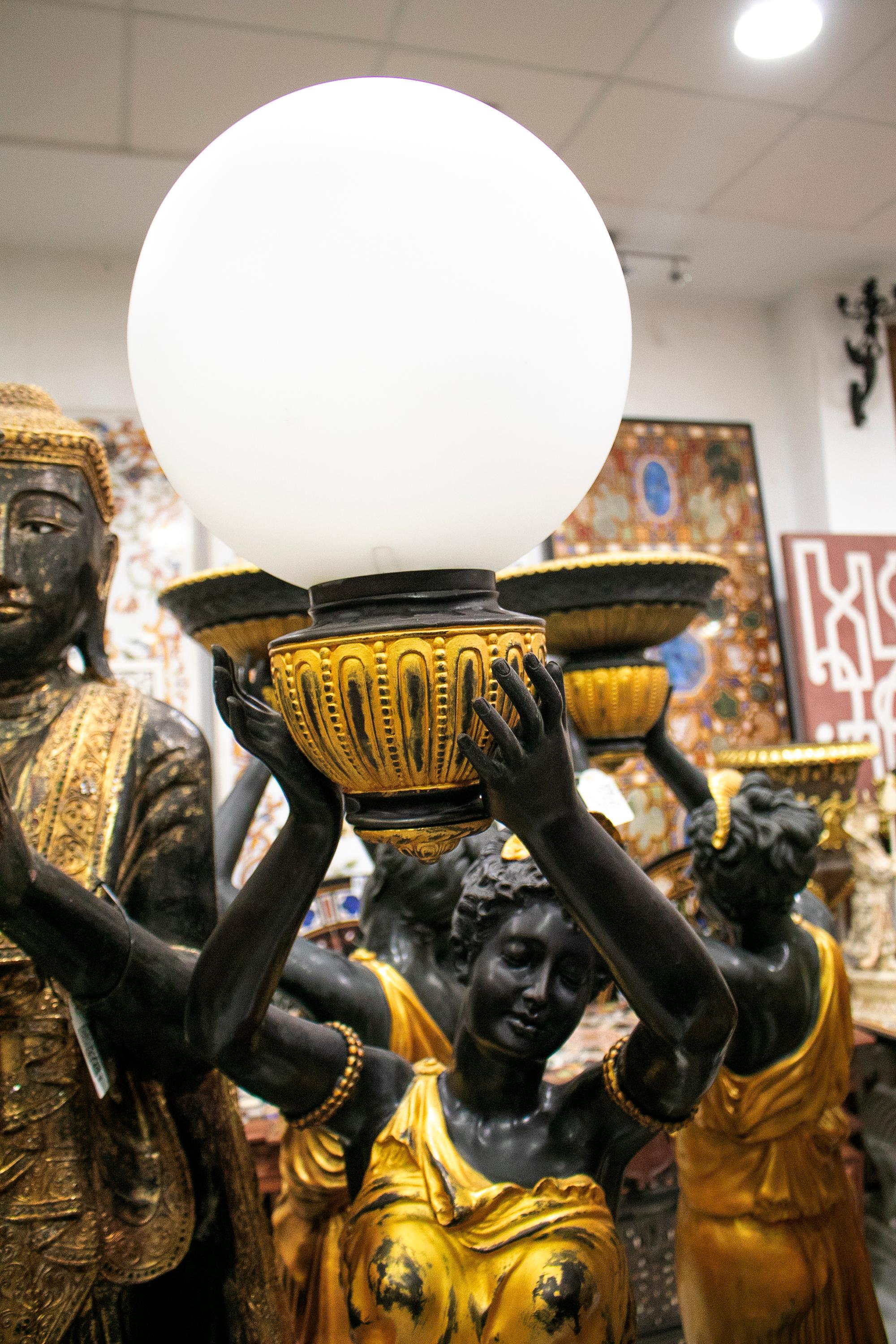 Life-Size Pair of Gilt Bronze Female Statue Torcheré Standing Lamps on Base In Good Condition For Sale In Marbella, ES