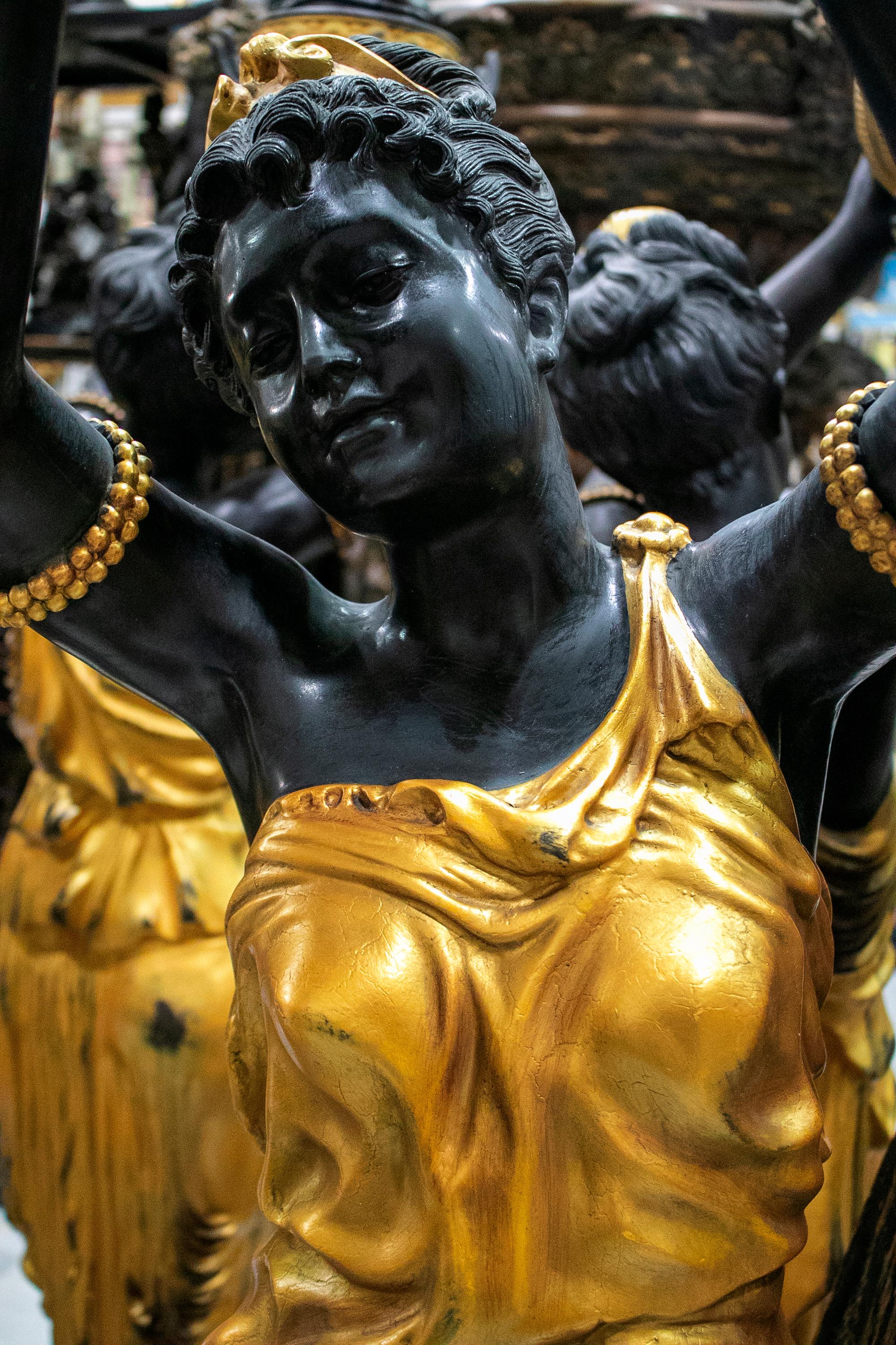 European Life-Size Pair of Gilt Bronze Female Statue Torcheré Standing Lamps on Base For Sale