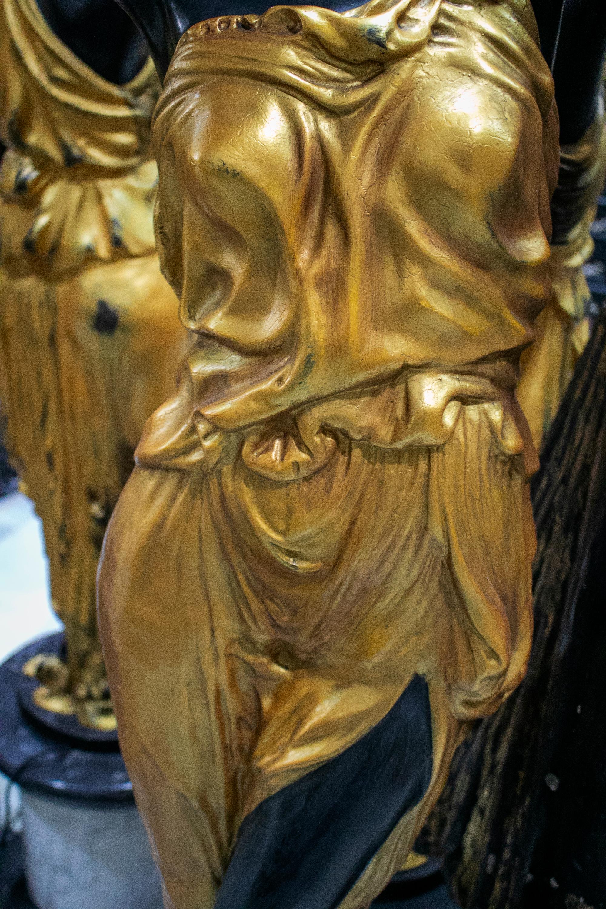 Late 20th Century Life-Size Pair of Gilt Bronze Female Statue Torcheré Standing Lamps on Base For Sale
