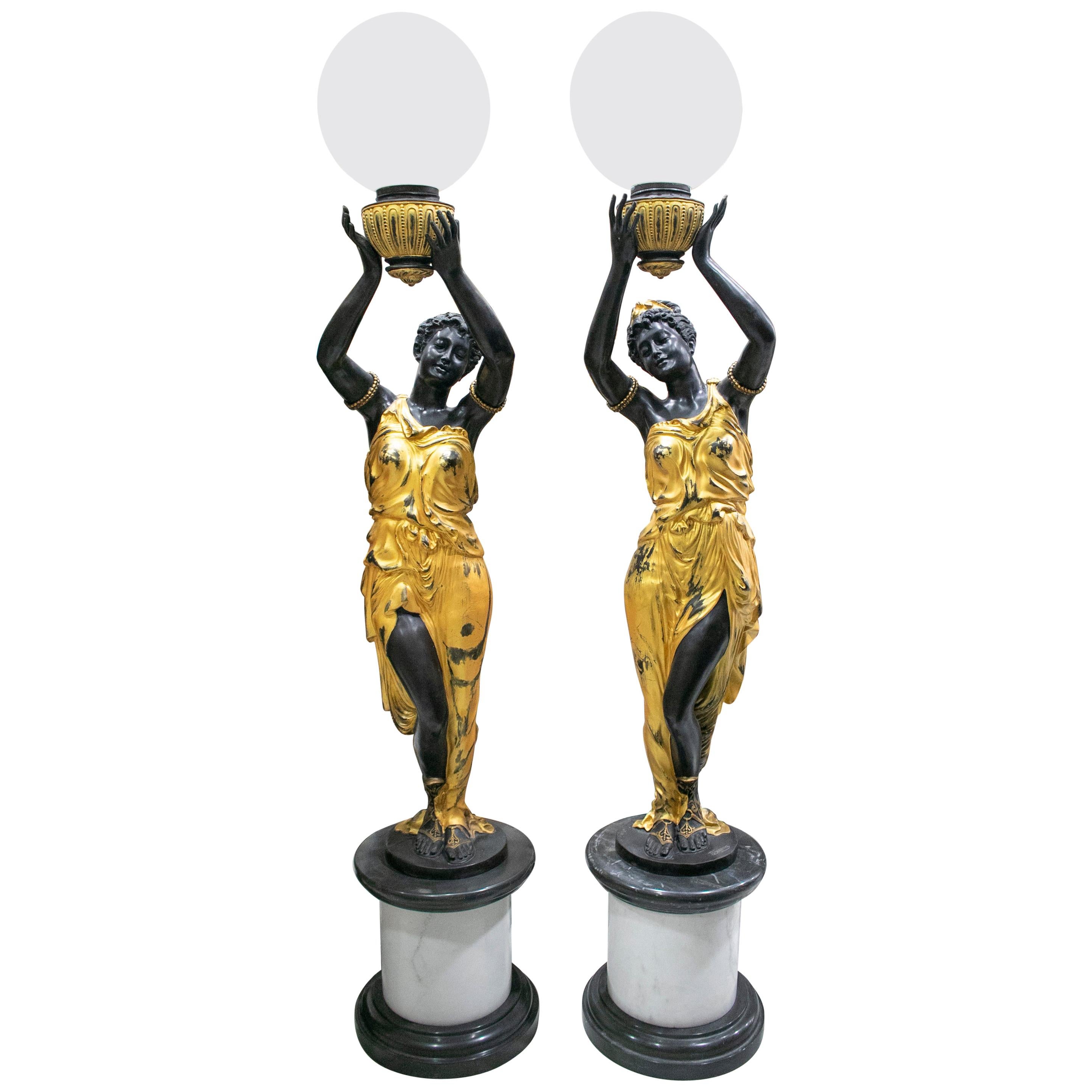 Life-Size Pair of Gilt Bronze Female Statue Torcheré Standing Lamps on Base For Sale