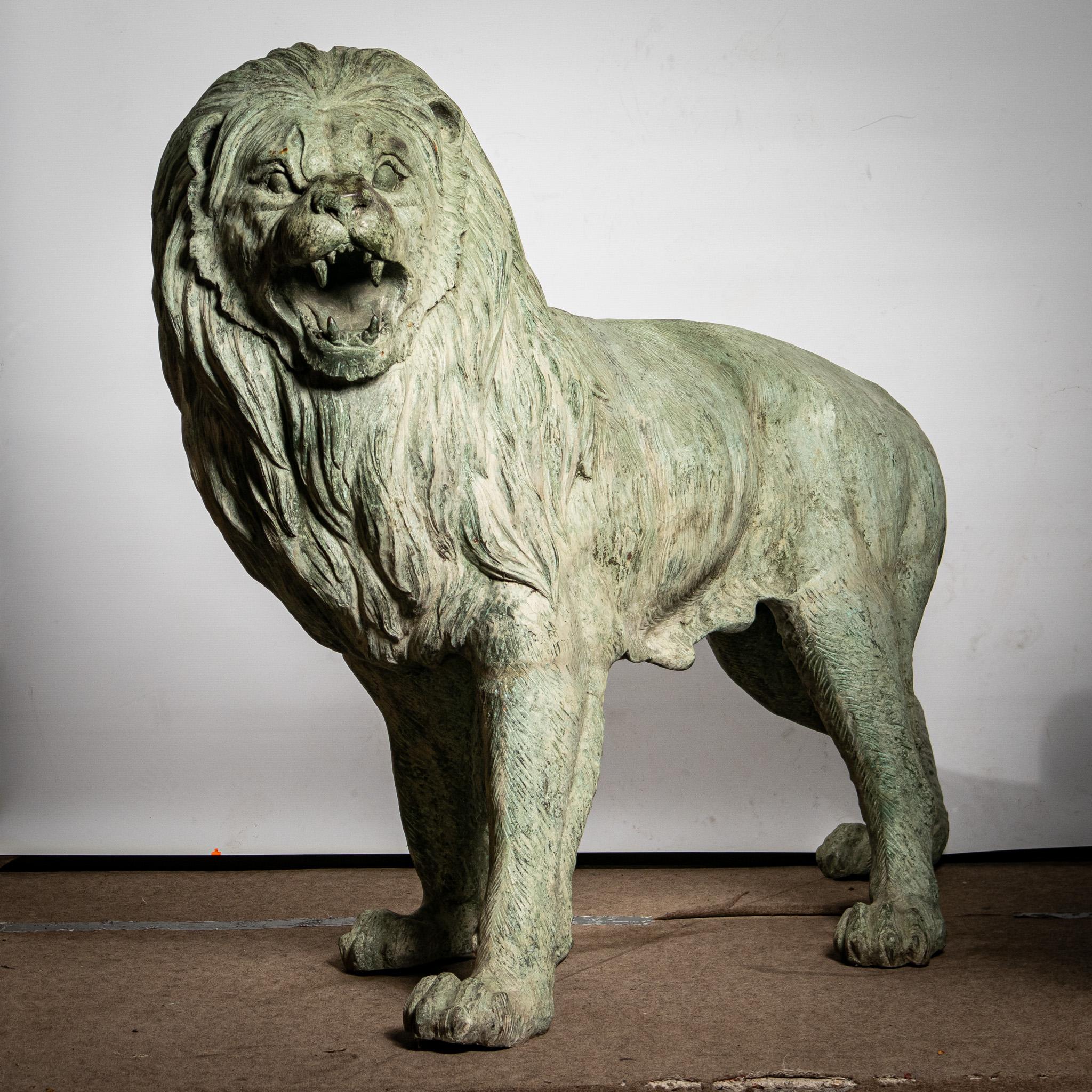 English Life Size Pair of Verdigris Patinated Bronze Lions For Sale