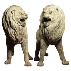 Vintage Life Size Pair of Verdigris Patinated Bronze Lions