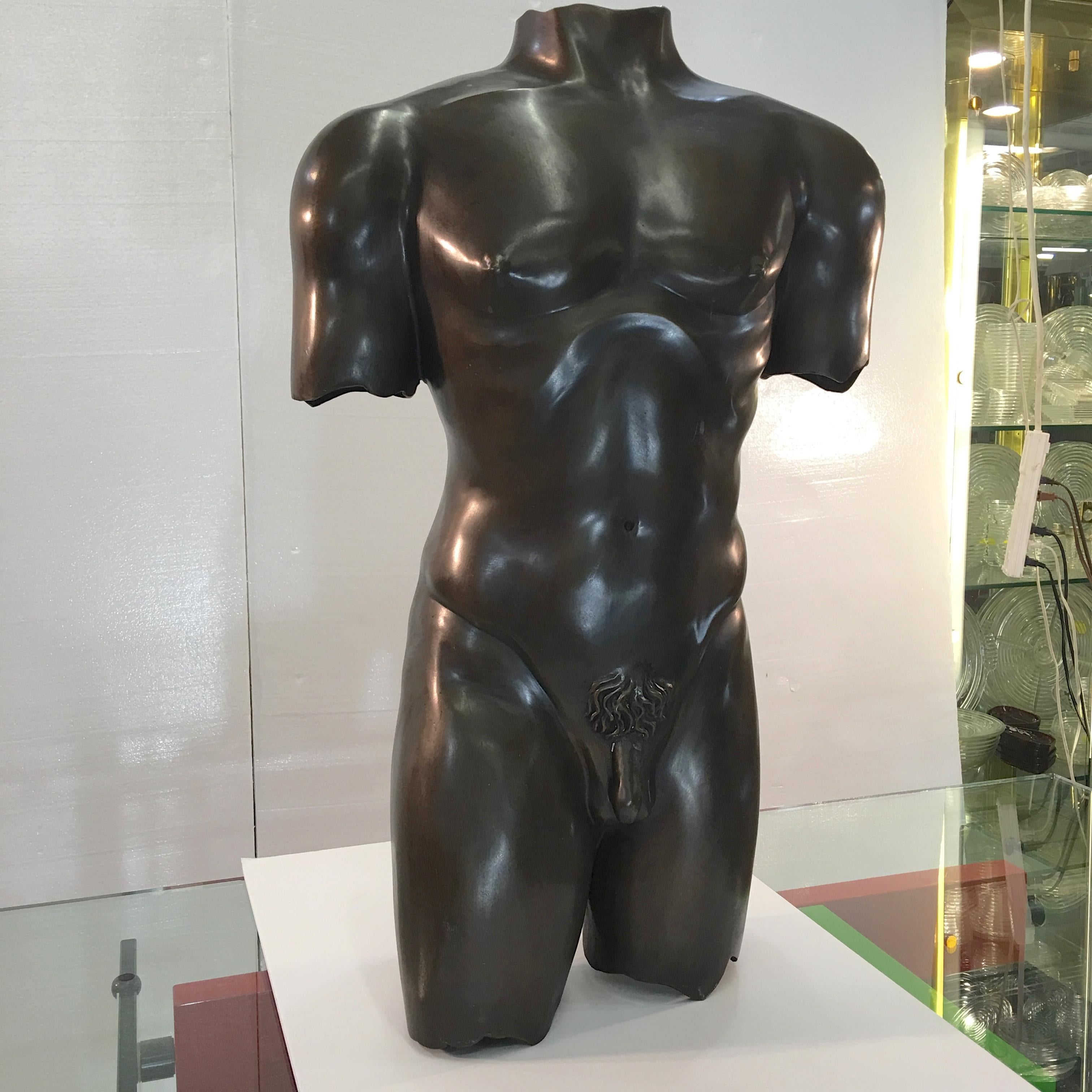 Near life-size nude male torso sculpture cast in polished bronze with rich dark patina. Artist unknown.
For scale, he'd wear a 42R.