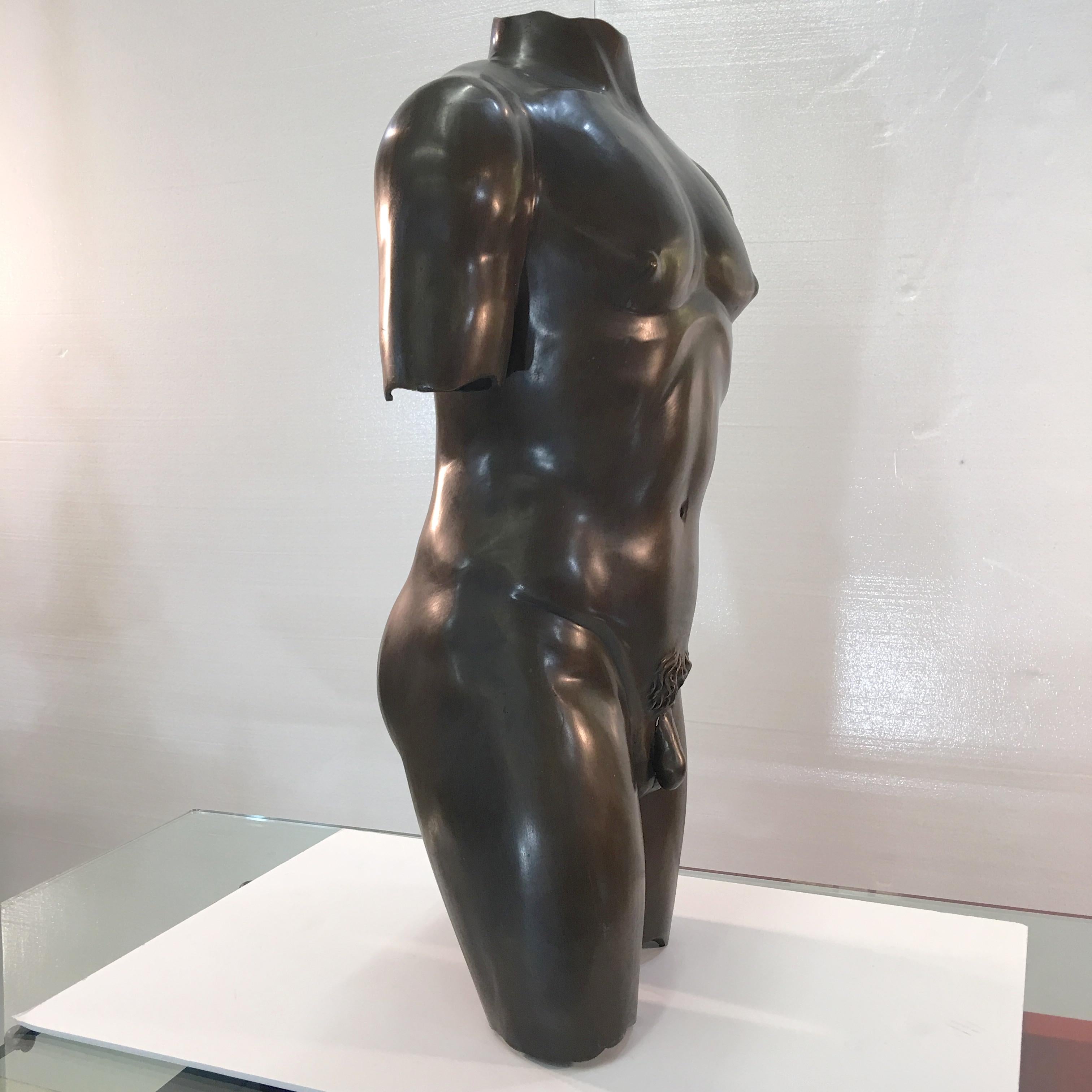 Modern Life-Size Patinated Bronze Male Nude Torso Sculpture