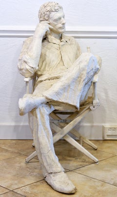 Lebensgroße Gips- und Wurzelholz-Porträtskulptur eines Filmregisseurs von Kay Henkel