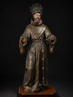 17th Century Life-Size Saint Francis Sculpture, Spanish Baroque Wood