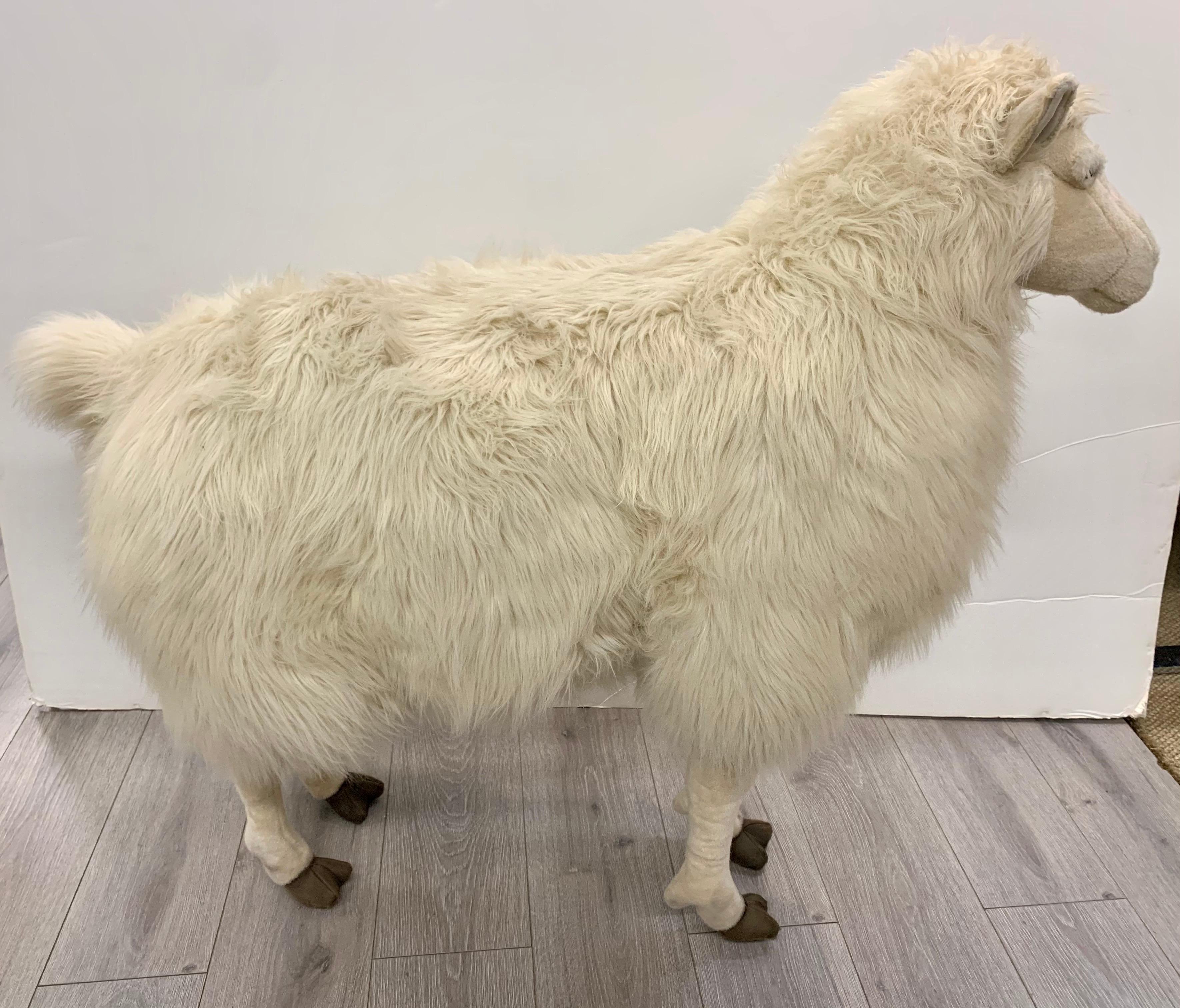 Whimsical life-size sheep statue made of 100% sheepskin including wool feet. Originally handcrafted for Brooks Brothers store display. One-of-a-kind!