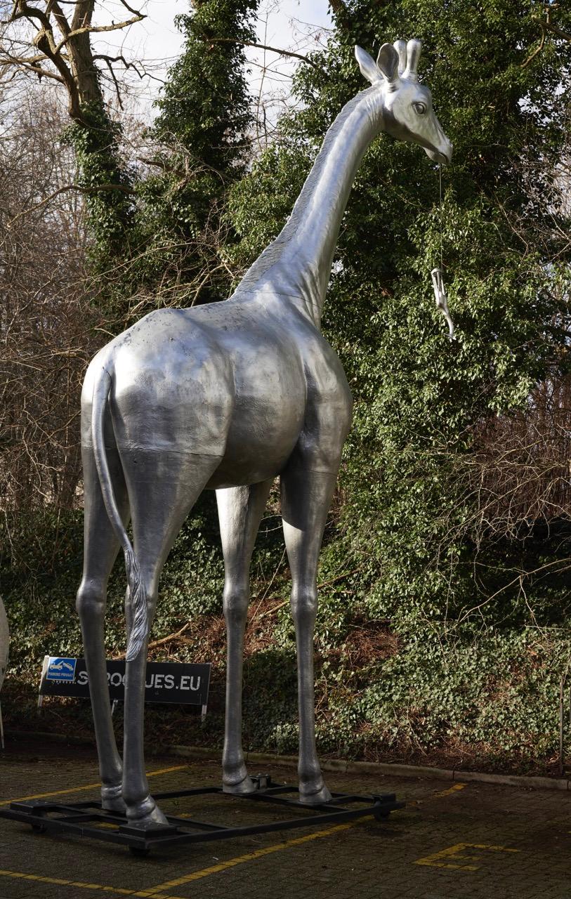 Hand-Crafted Life-Size Silver Giraffe Sculpture For Sale