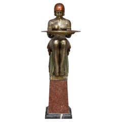 Life Size Silvered Bronze Deco Lady with Serving Tray