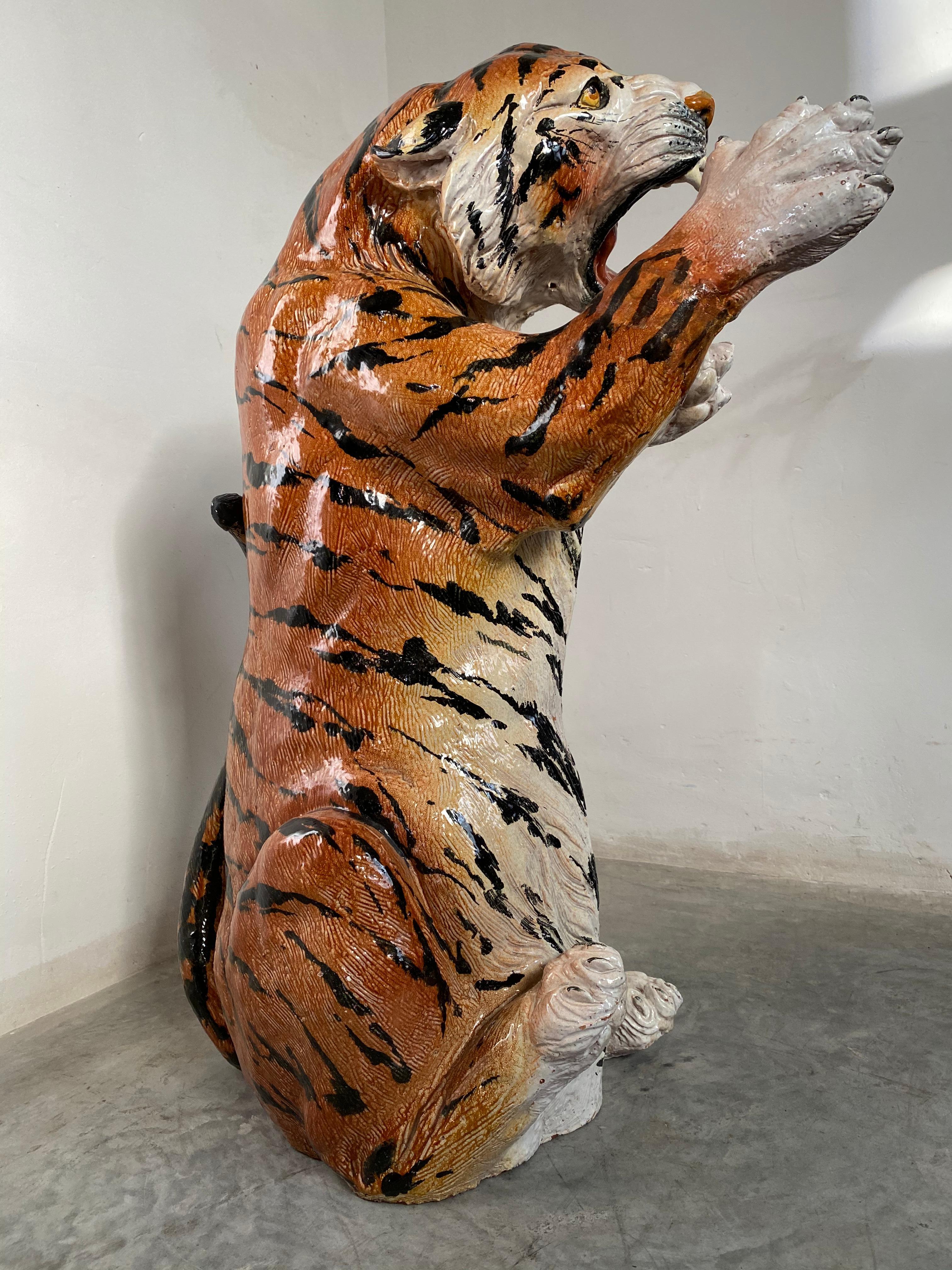 Molded Life Size Tiger Sculpture Ceramic, Italy, 1970s