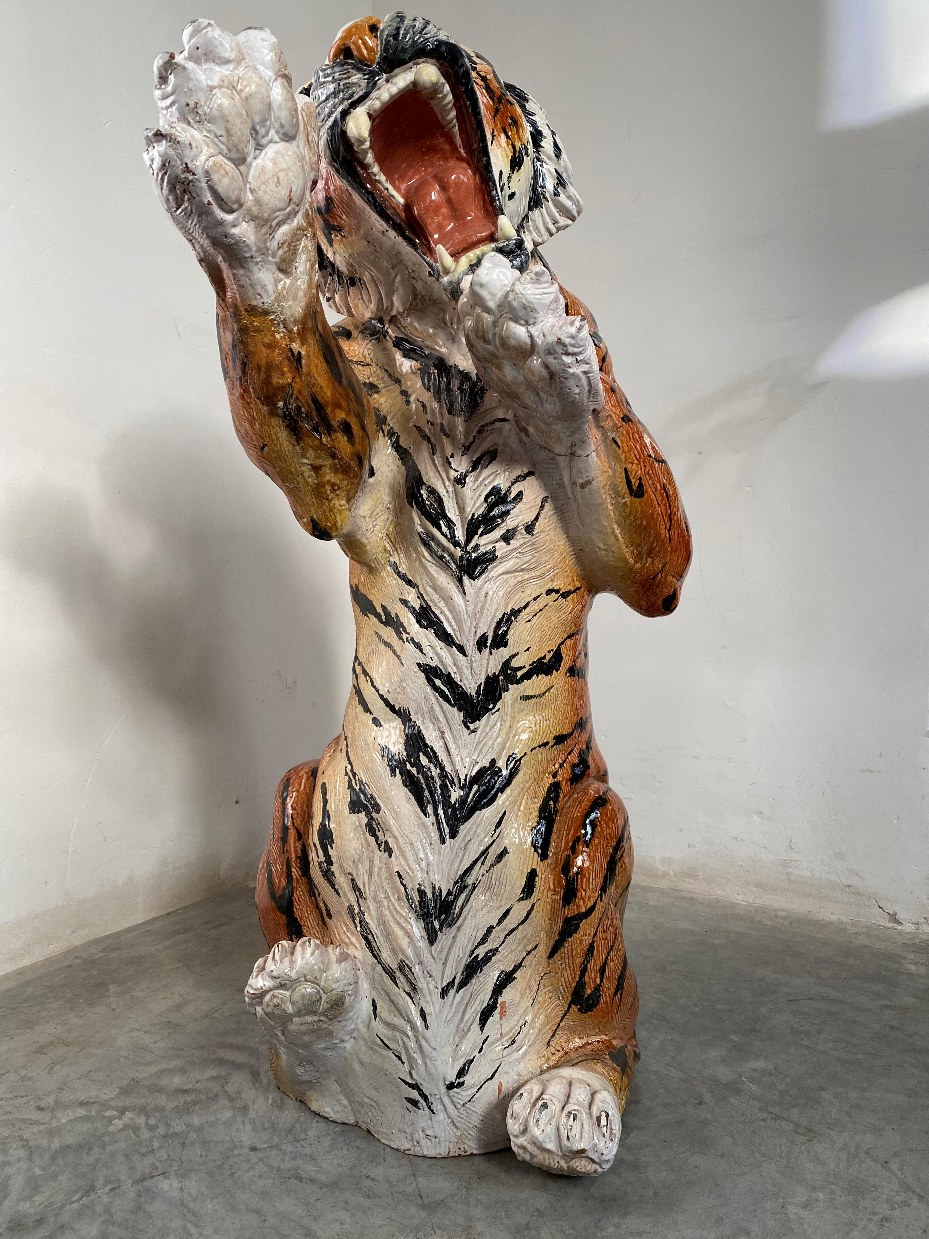 Life Size Tiger Sculpture Ceramic, Italy, 1970s In Fair Condition In Antwerp, BE