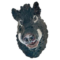 Life-Size Vintage Terracotta Wall-Mounted Boar's Head Sculpture