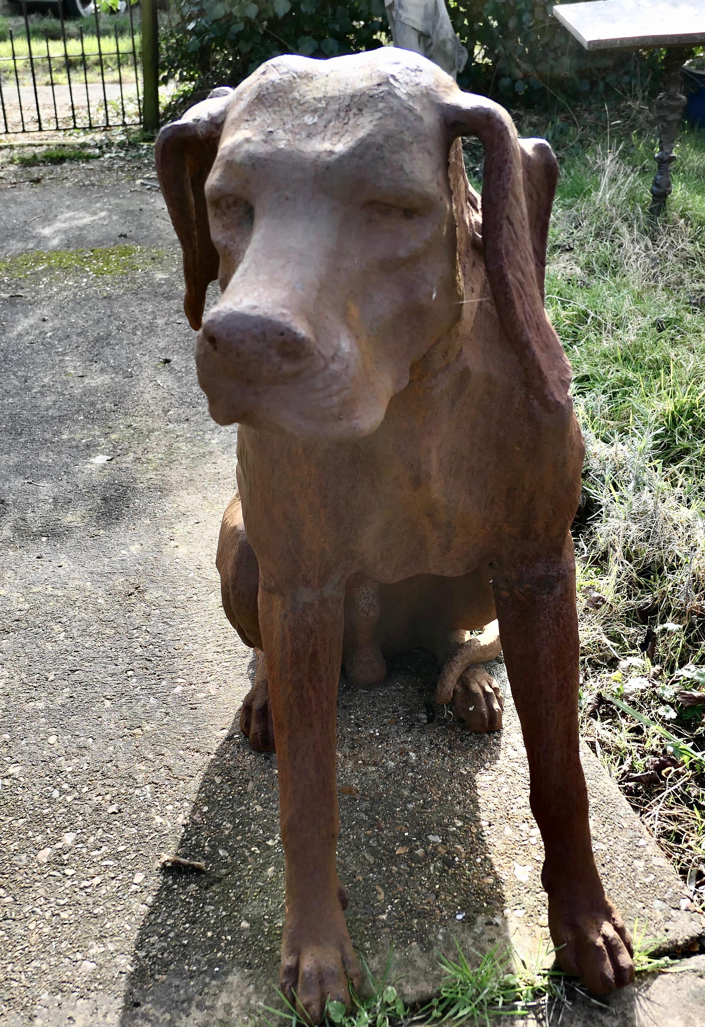 Folk Art Life-size Weathered Cast Iron Statue of a Hunting Dog   For Sale