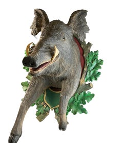 Life Size Wild Boar Black Forest Hand Carved Folk Art Wood Trophy 20th Century