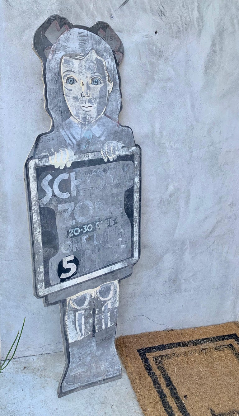 Life-Sized 1950s Metal School Girl Speed Limit Sign For Sale 5