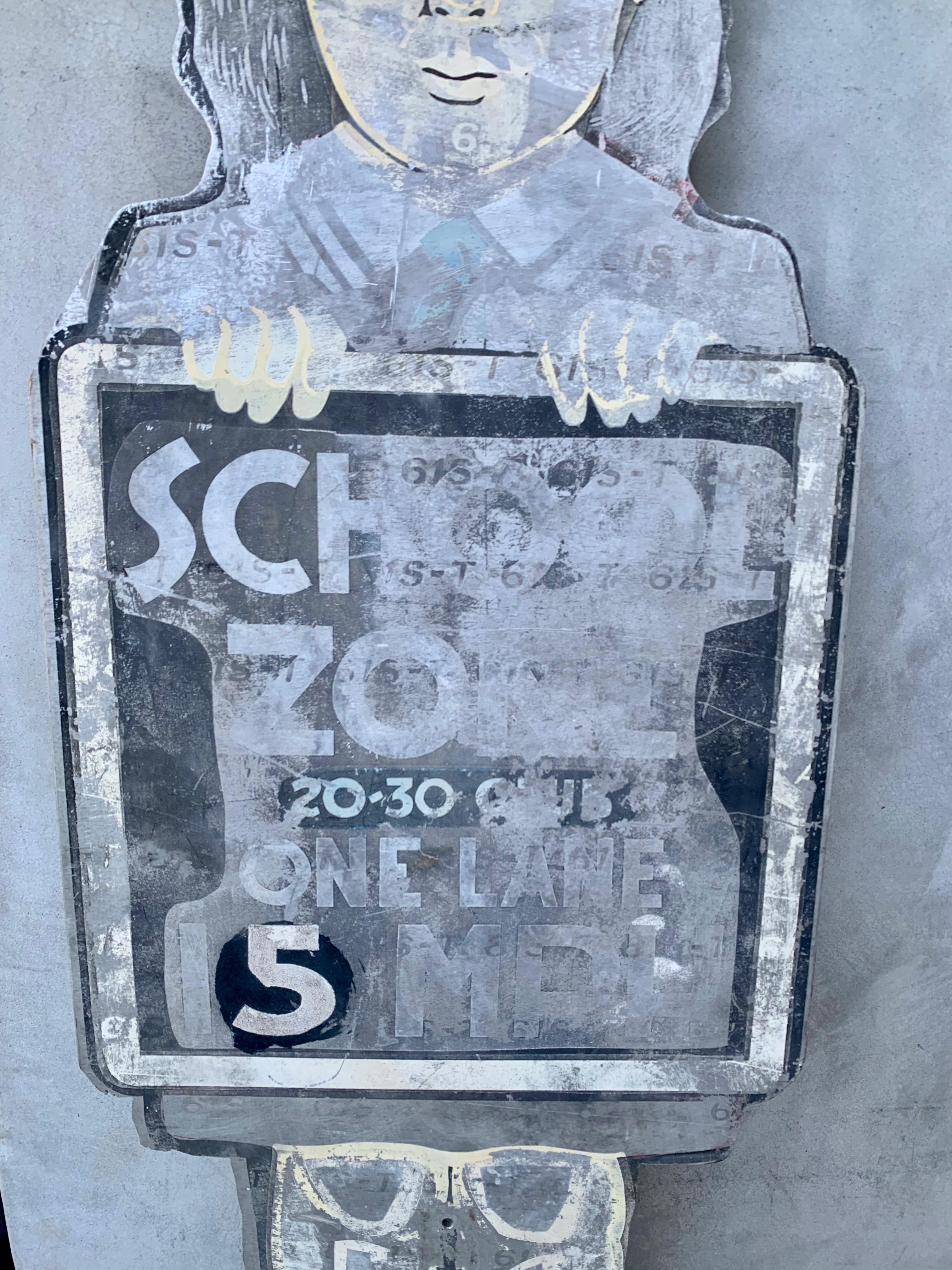 Hand-Crafted Life-Sized 1950s Metal School Girl Speed Limit Sign For Sale