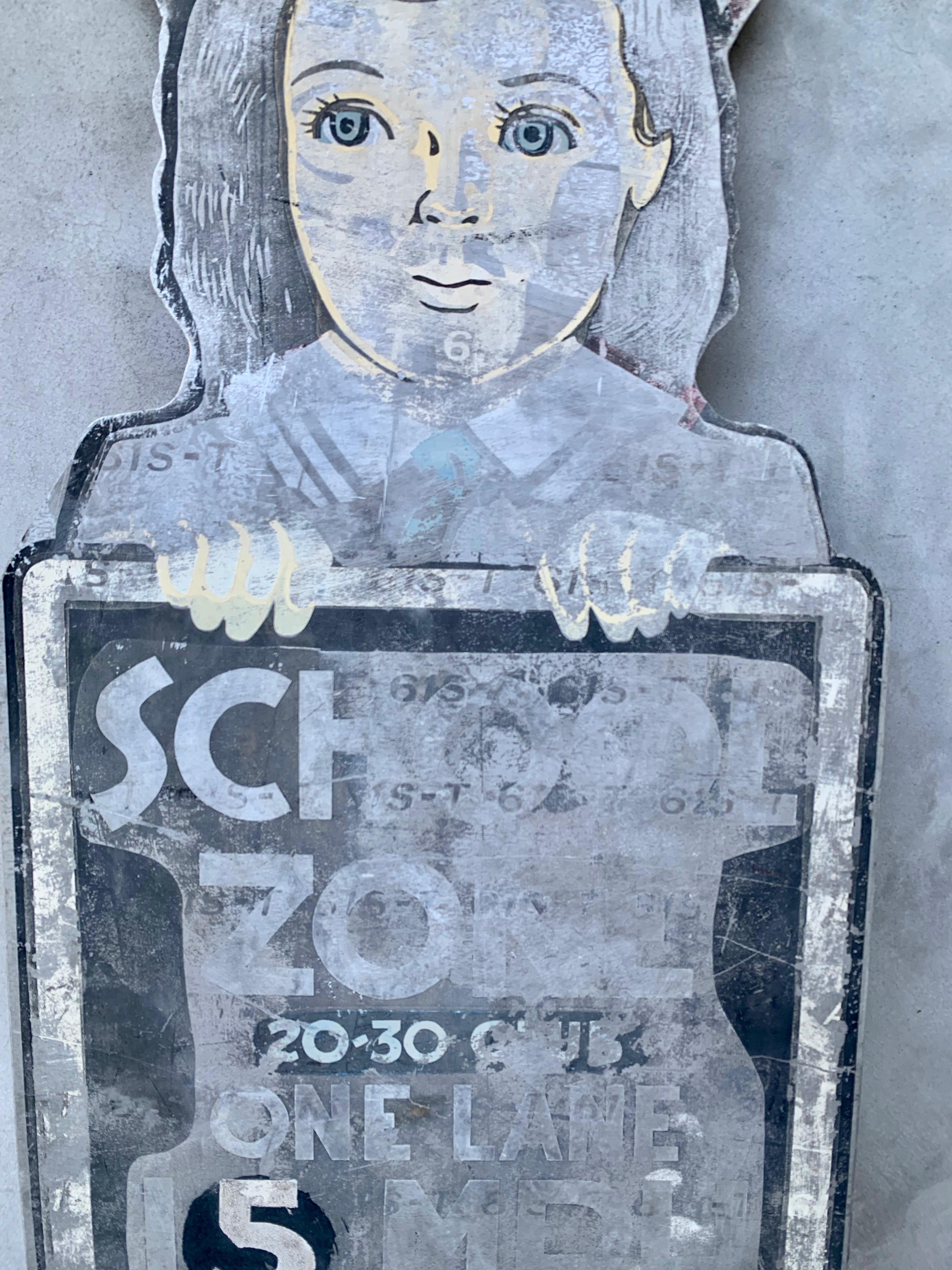 Life-Sized 1950s Metal School Girl Speed Limit Sign In Good Condition For Sale In Los Angeles, CA