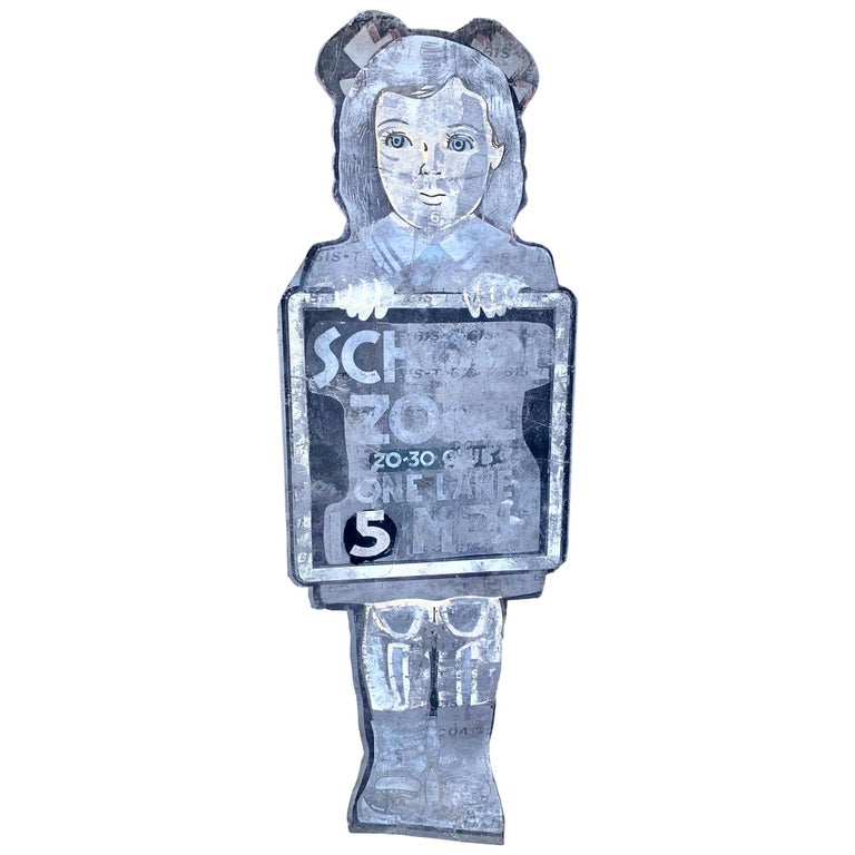 Life-Sized 1950s Metal School Girl Speed Limit Sign For Sale