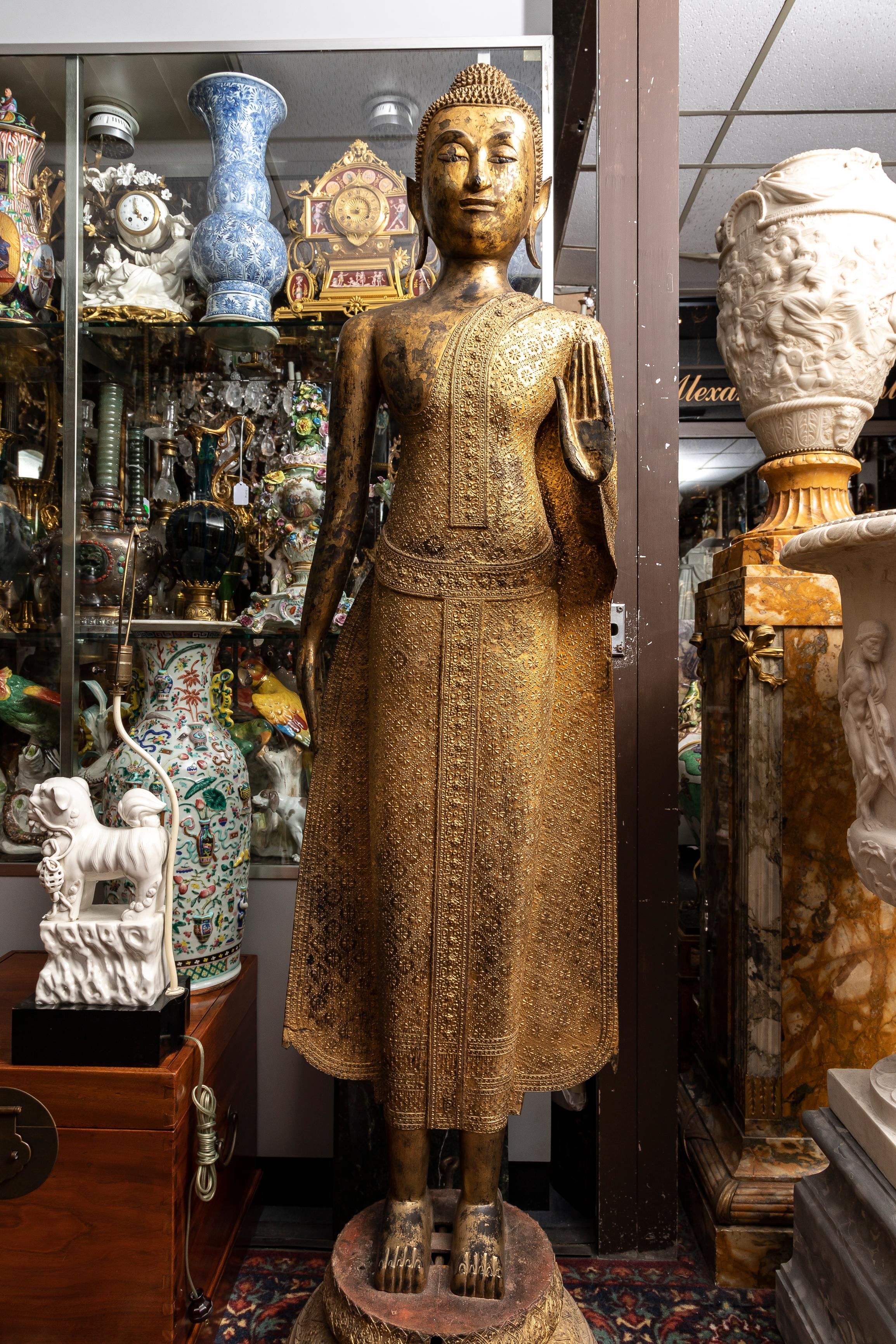 Mid-19th Century Life-Sized 19th Century Gilt Bronze Thai Buddha with Mother of Pearl Eyes For Sale