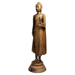 Life-Sized 19th Century Gilt Bronze Thai Buddha with Mother of Pearl Eyes